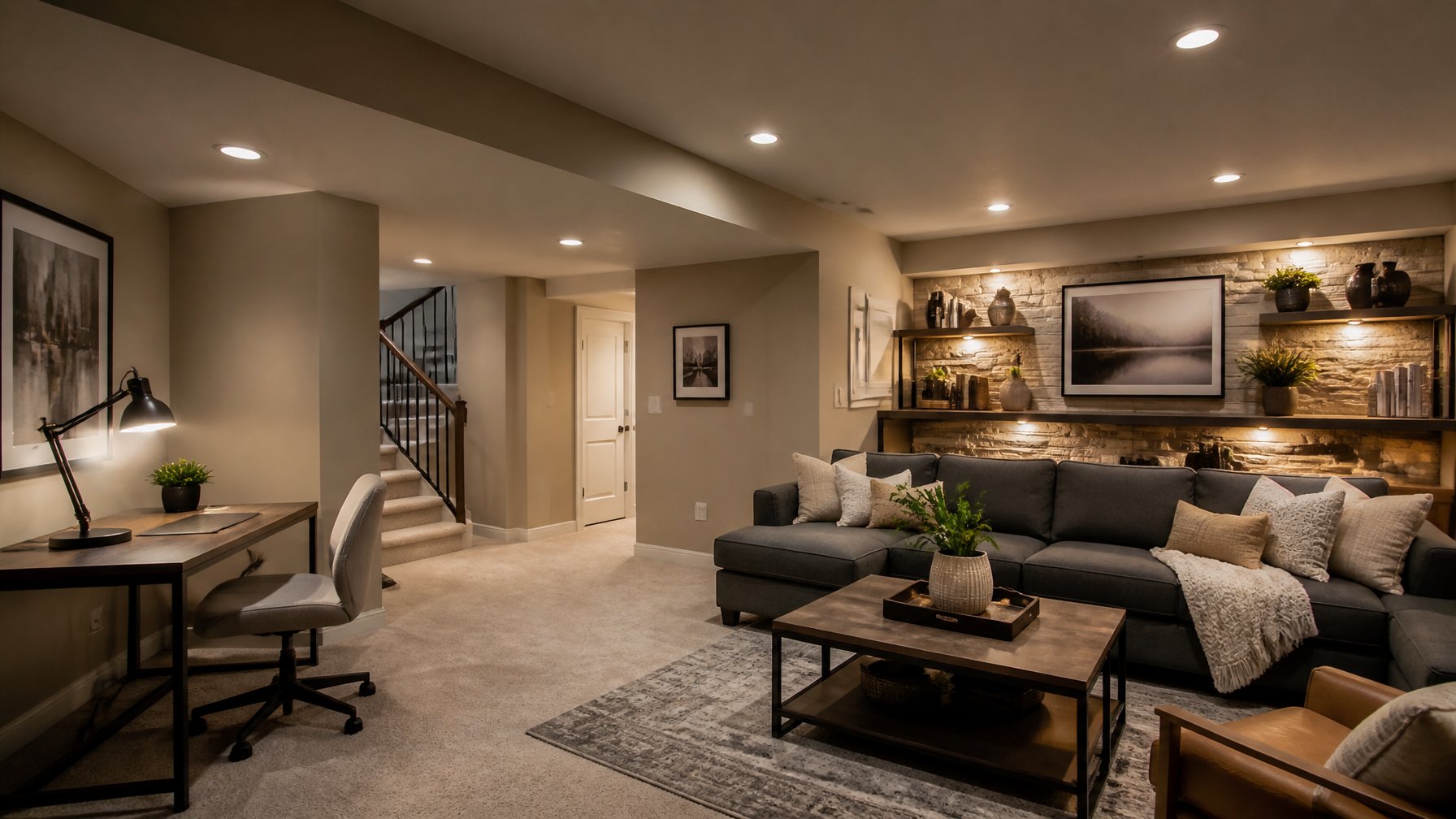 A finished basement with layered lighting including ceiling lights, a desk lamp, and accent lights highlighting shelves and artwork.
