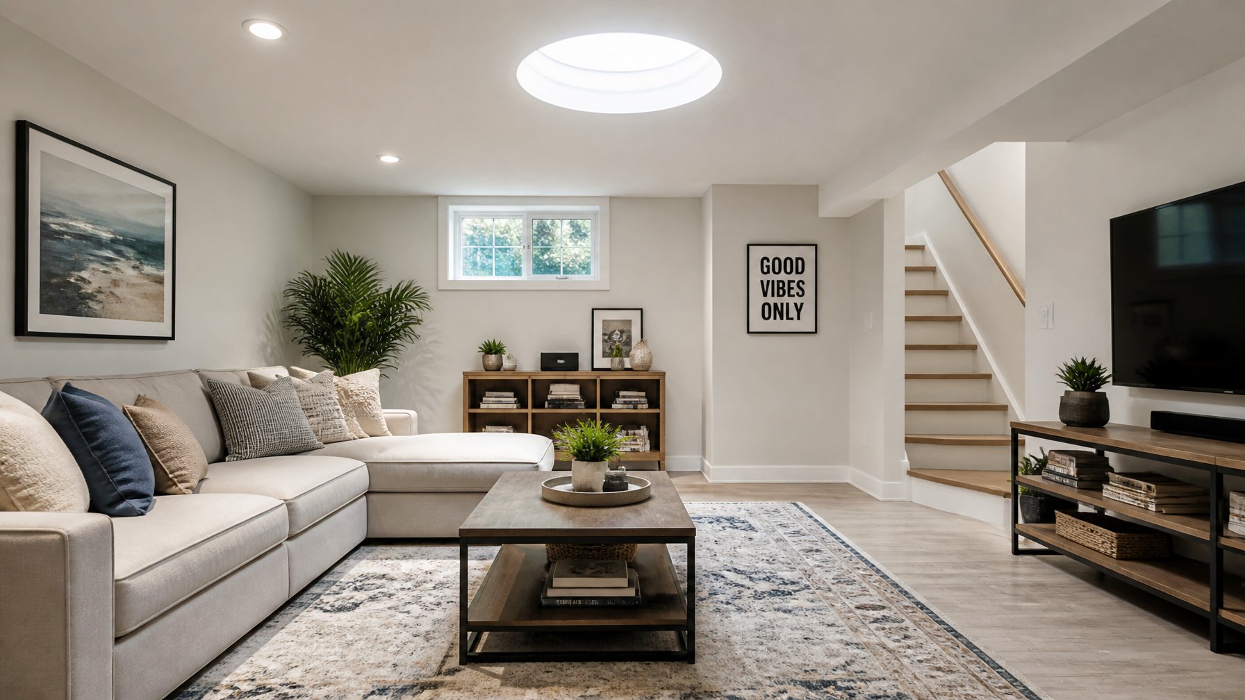 A bright basement living space illuminated by natural light coming through a skylight tube in the ceiling.