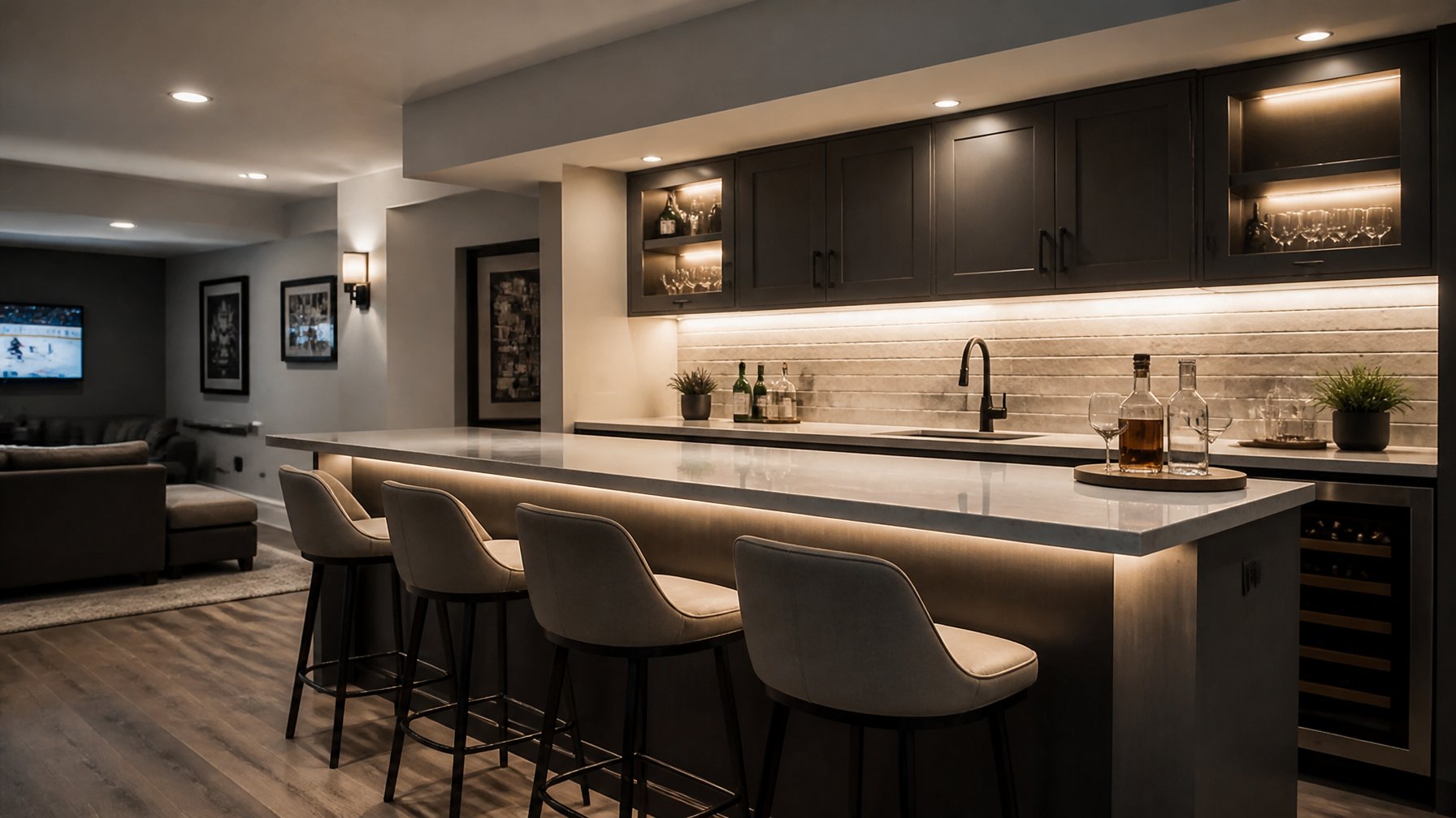 Finished basement kitchenette with under-cabinet LED strip lighting illuminating the countertop and cabinetry.