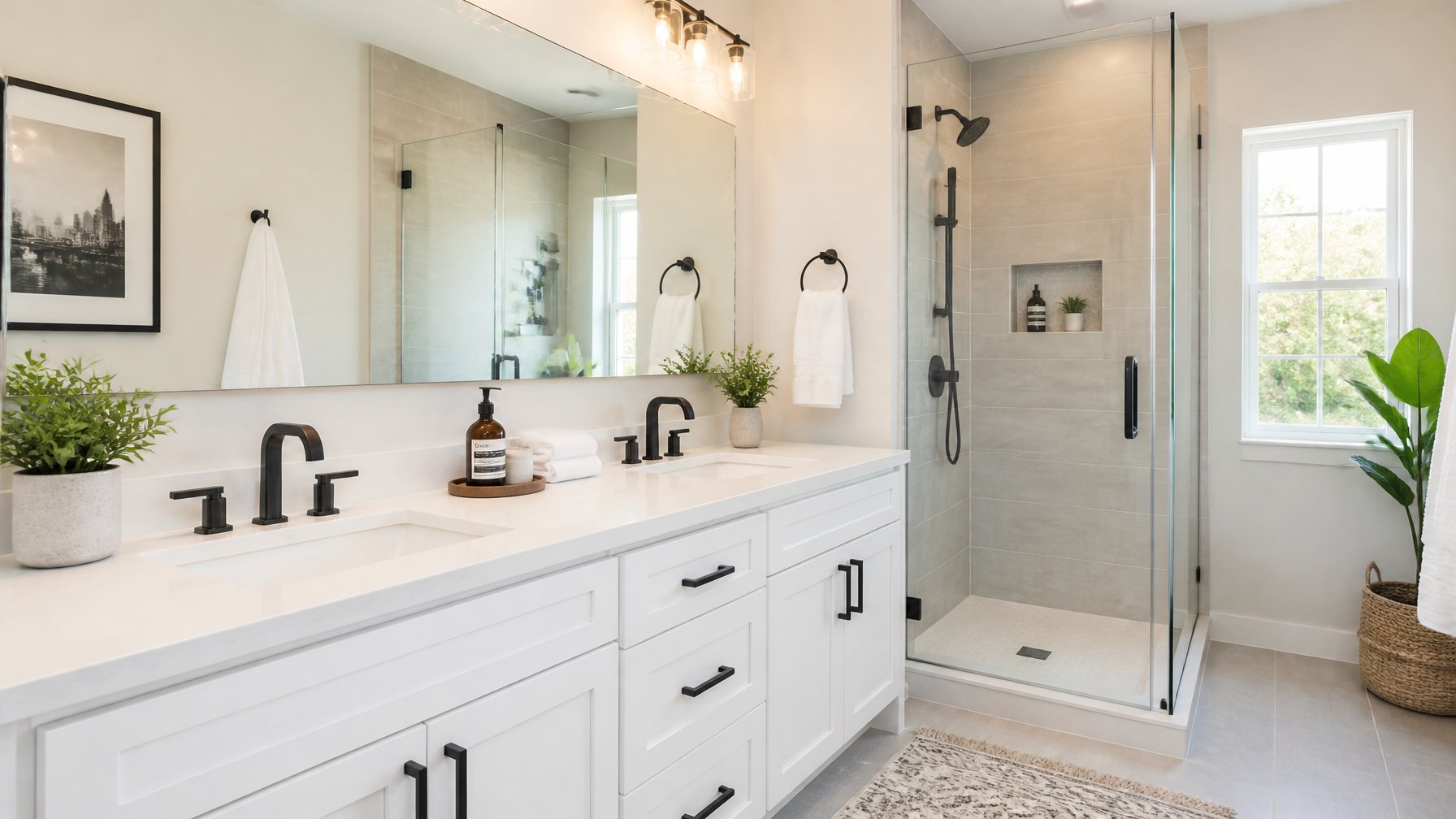 A clean and organized bathroom with a white vanity, large mirror, black fixtures, and a walk-in shower with glass doors.