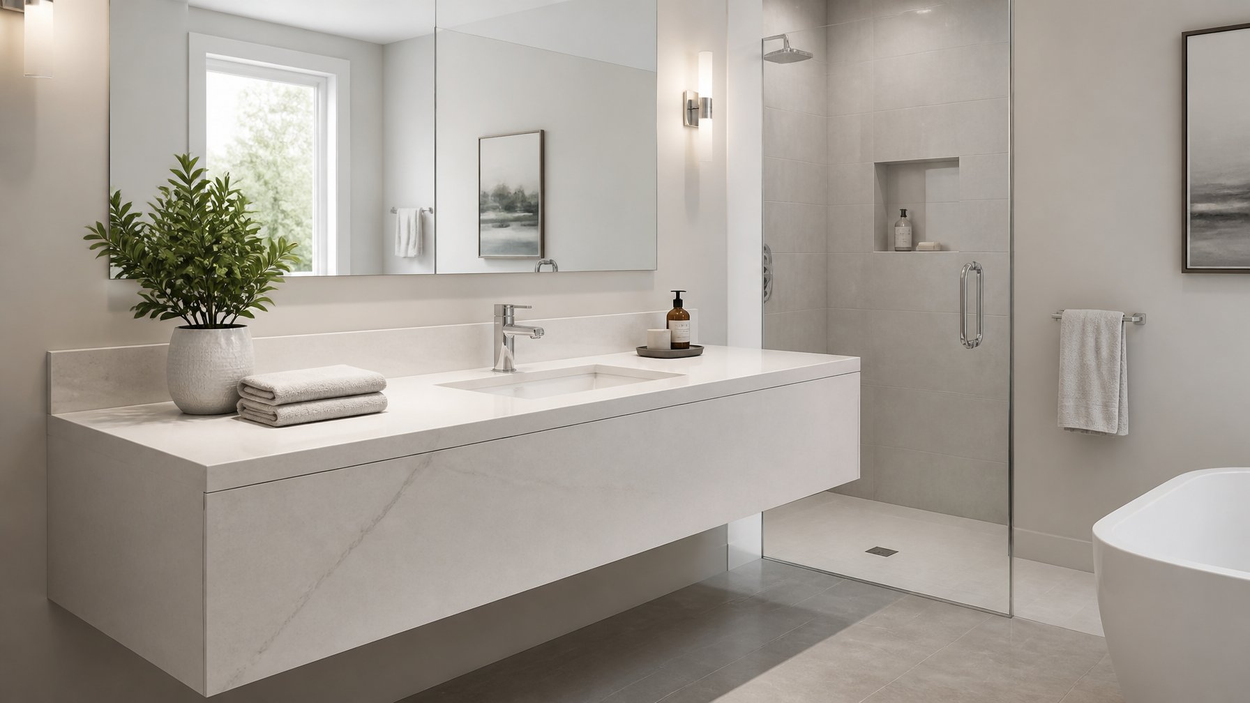 A modern bathroom with a floating quartz vanity featuring an integrated sink and a chrome faucet, surrounded by a clean and organized layout.