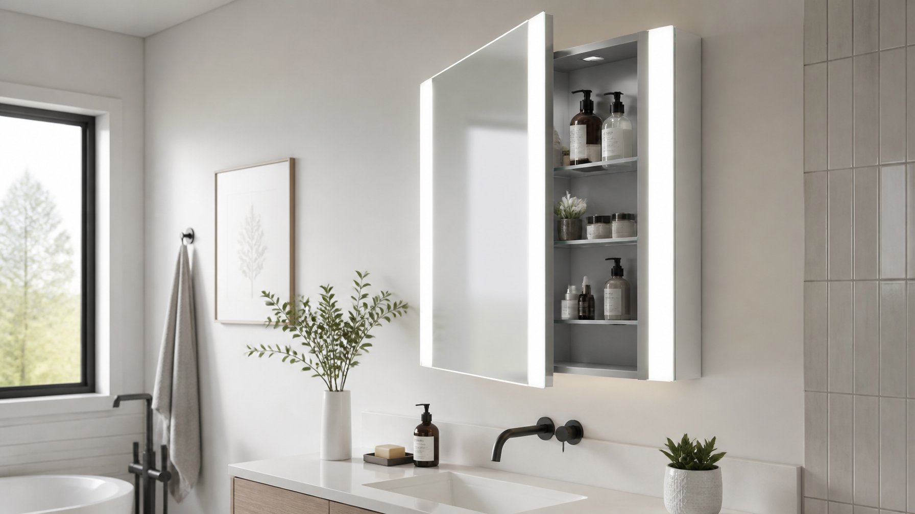A modern bathroom with a wall-mounted medicine cabinet featuring an LED mirror above a white vanity countertop.