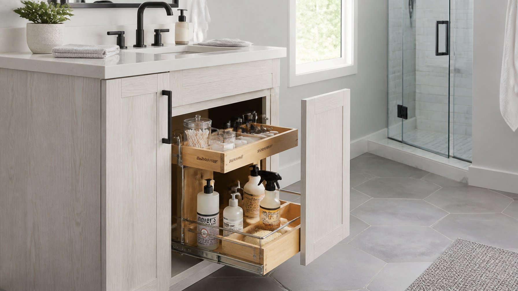 A bathroom vanity with an under-sink pull-out organizer showing neatly arranged items inside soft-close drawers.