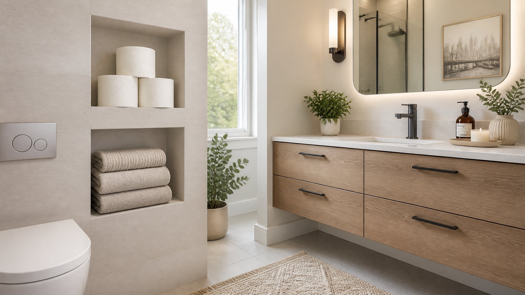 A bathroom wall with recessed niches holding toilet paper and folded towels next to a vanity with a countertop and faucet.