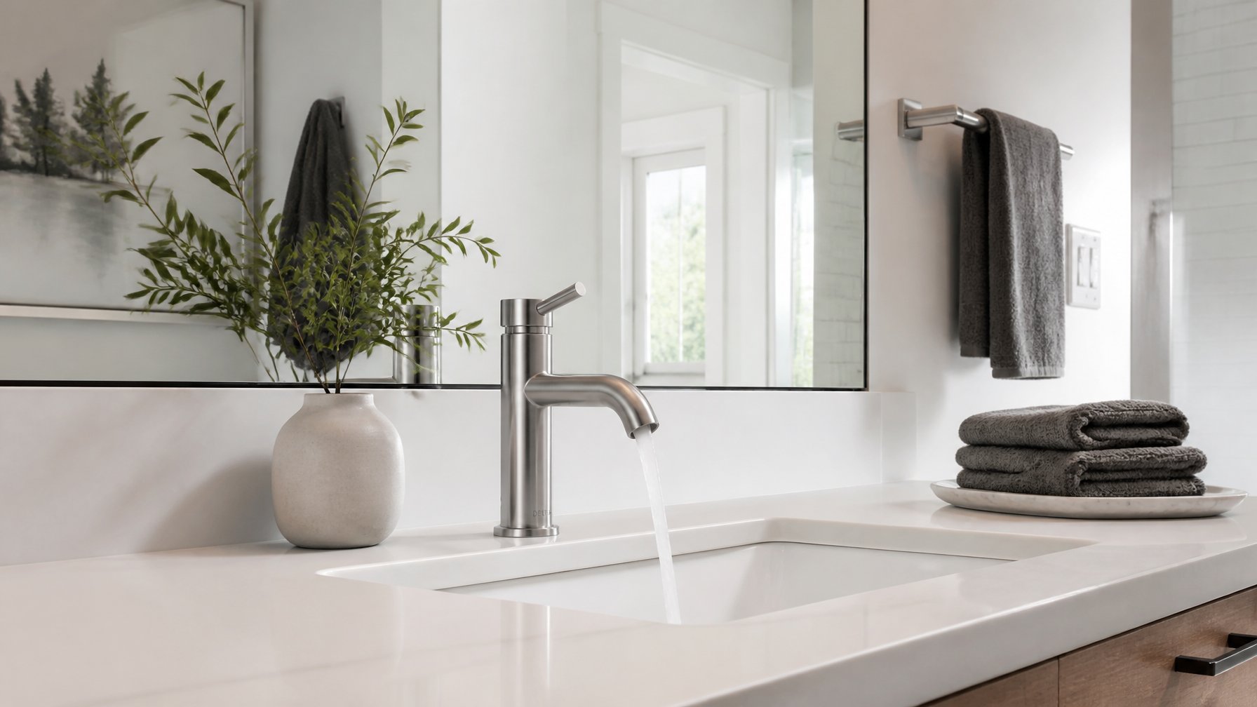 A modern bathroom vanity with a slim dual-flow faucet, white countertop, rectangular sink, and simple decor including a small plant and folded towels.