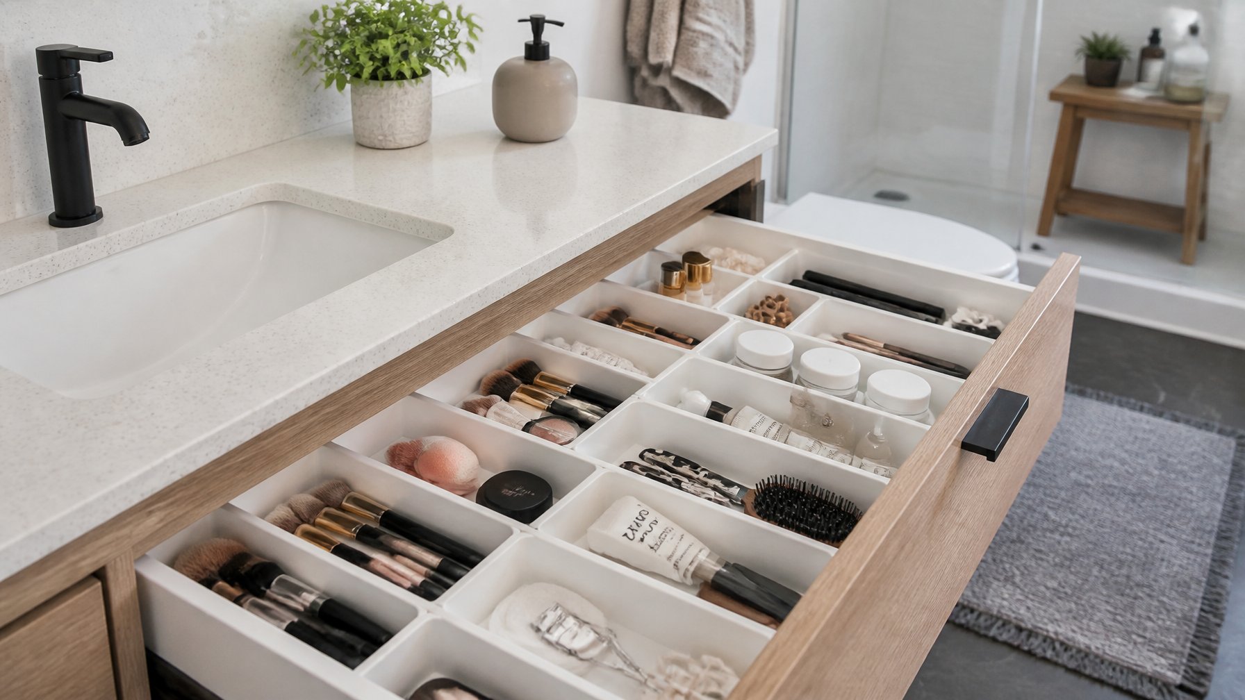 An open bathroom vanity drawer with organized cosmetics and grooming tools separated by drawer dividers in a clean, modern bathroom.