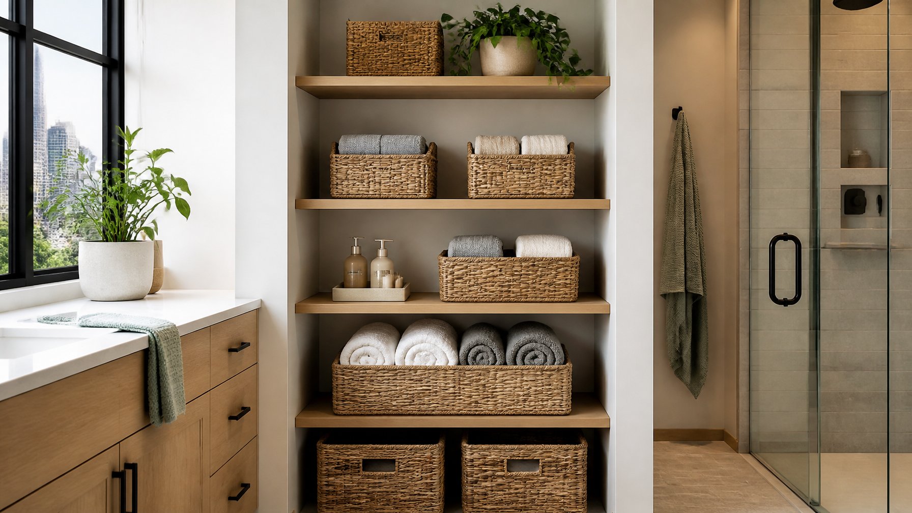 Open shelving with woven baskets holding folded linens in a clean bathroom.