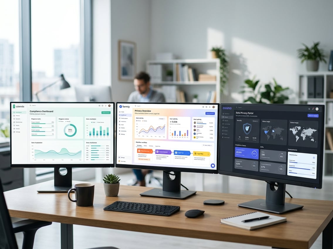 Three computer monitors on a desk in an office, each showing different colorful software interfaces representing privacy management tools.
