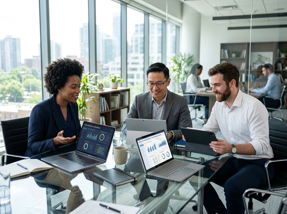 Three business professionals discussing data and charts on digital devices around a glass table in a bright office.