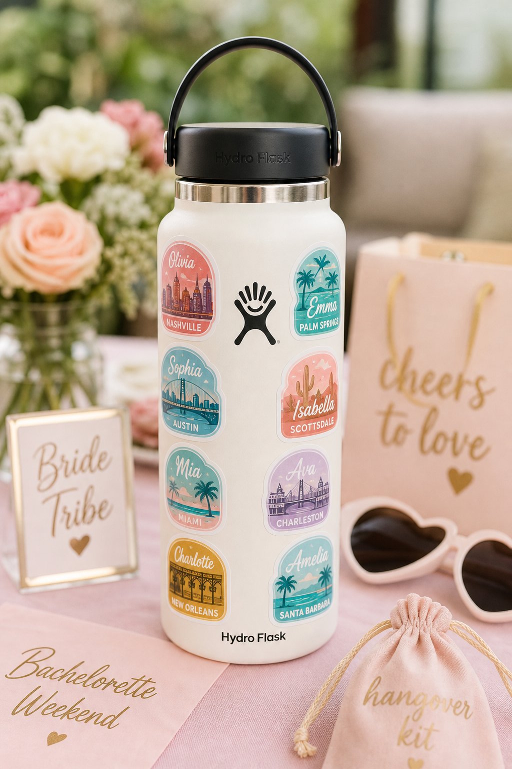 A Hydro Flask 18oz bottle in a bold color decorated with small colorful stickers, sitting on a table next to flowers and party favors.
