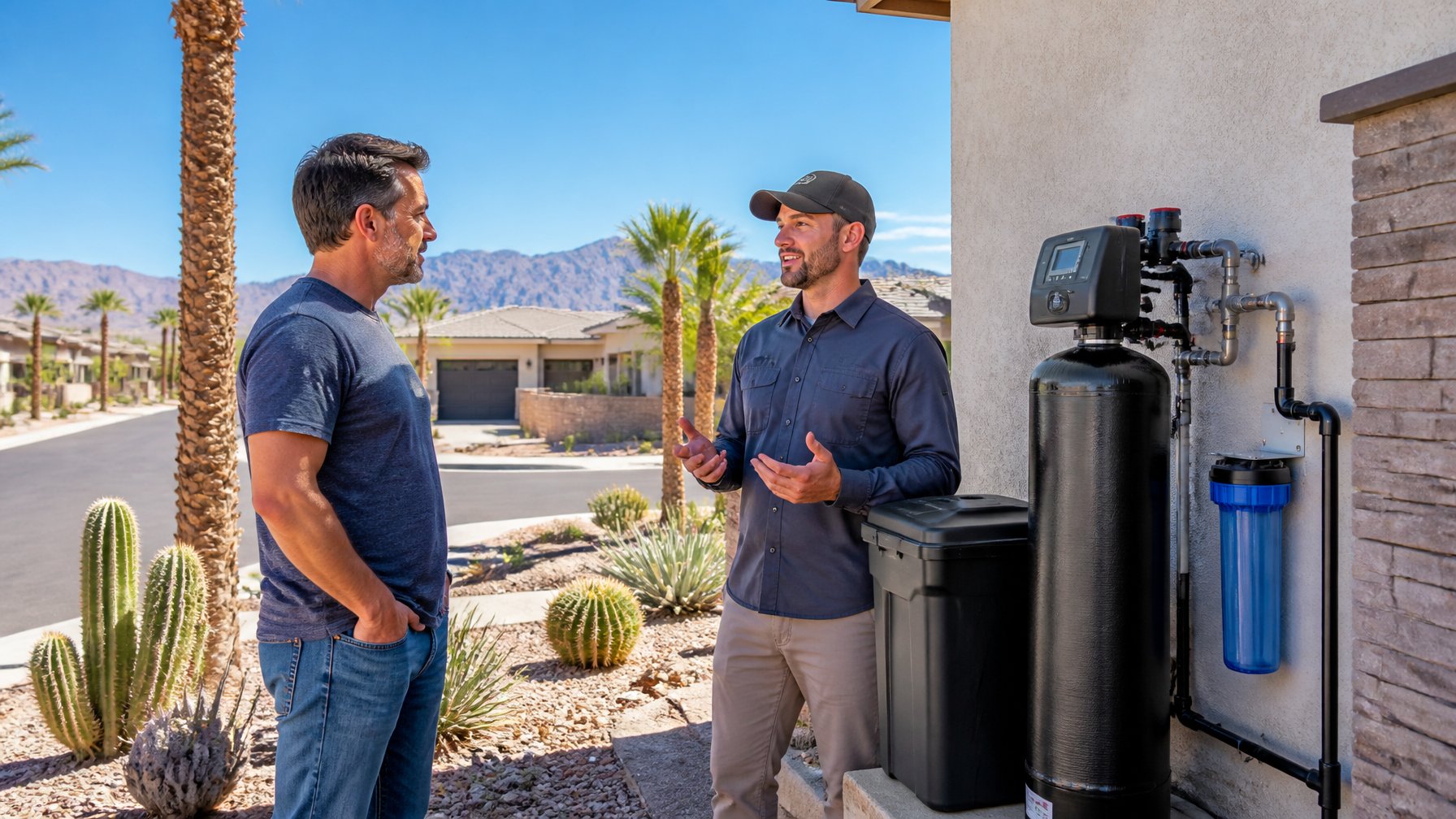 Homeowner and specialist discussing a water softener system outside a modern Las Vegas home with desert landscaping and mountains in the background.