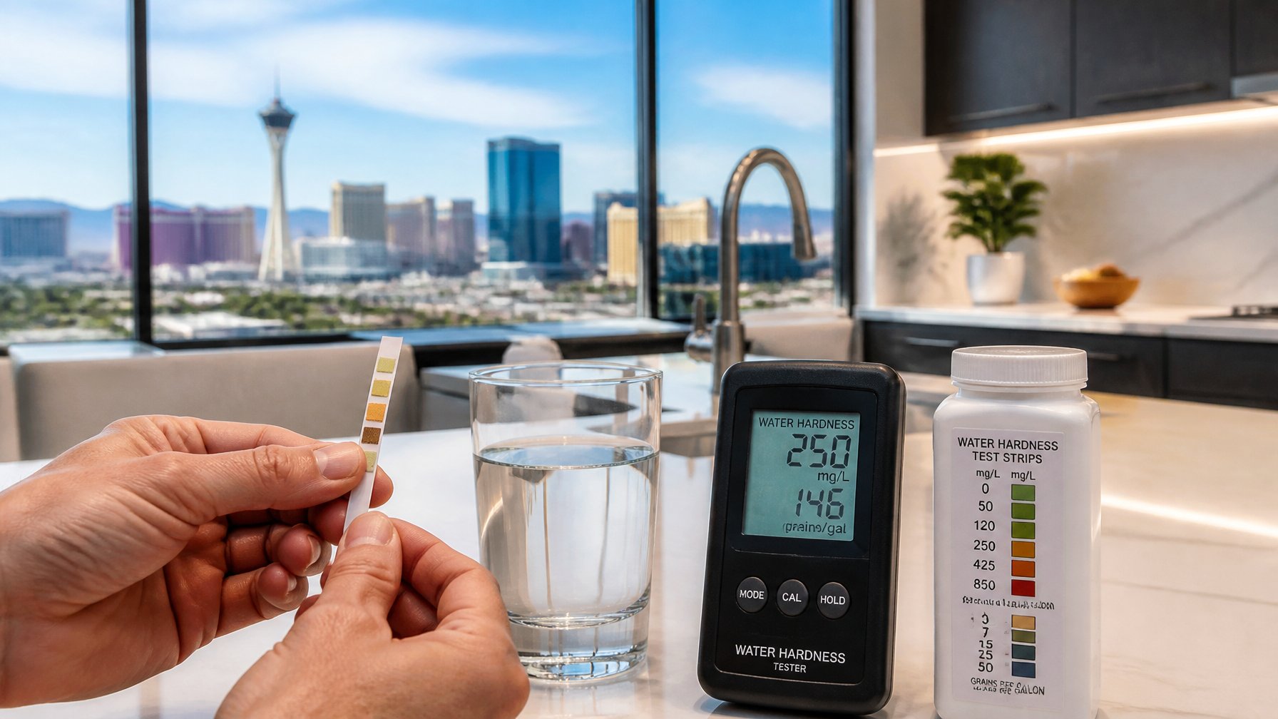 A person testing water hardness in a modern kitchen with water testing tools and a view of the Las Vegas skyline through a window.