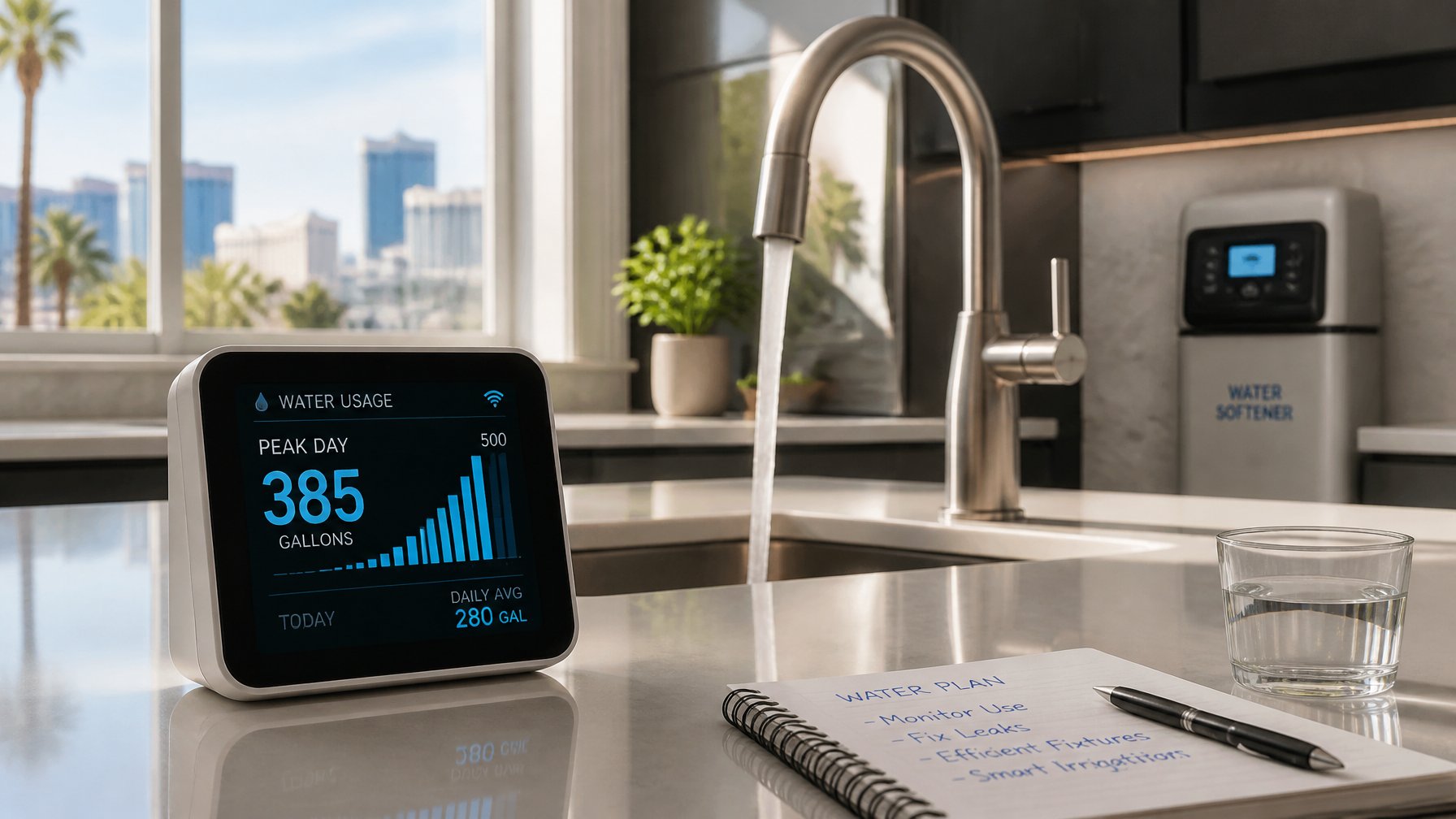 A modern kitchen with a digital water meter display showing water usage near a running faucet and a water softener system in the background.