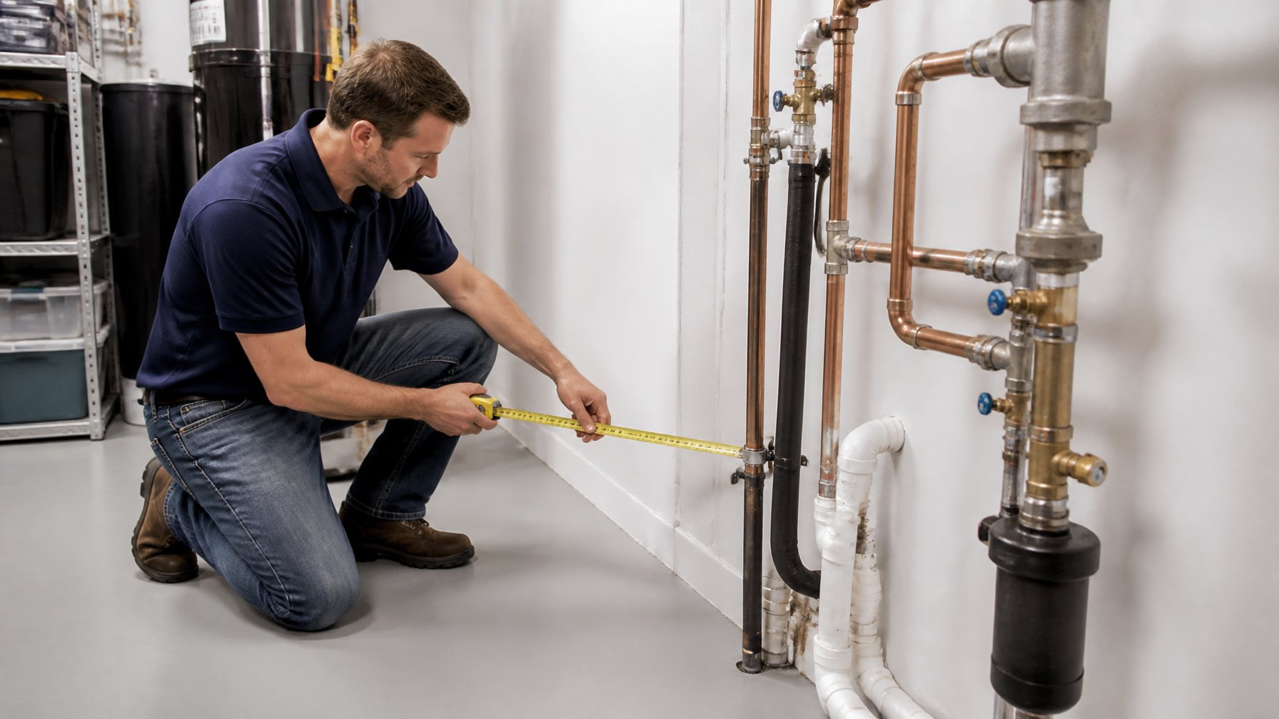 A person measuring space near plumbing pipes in a residential basement preparing for water softener installation.