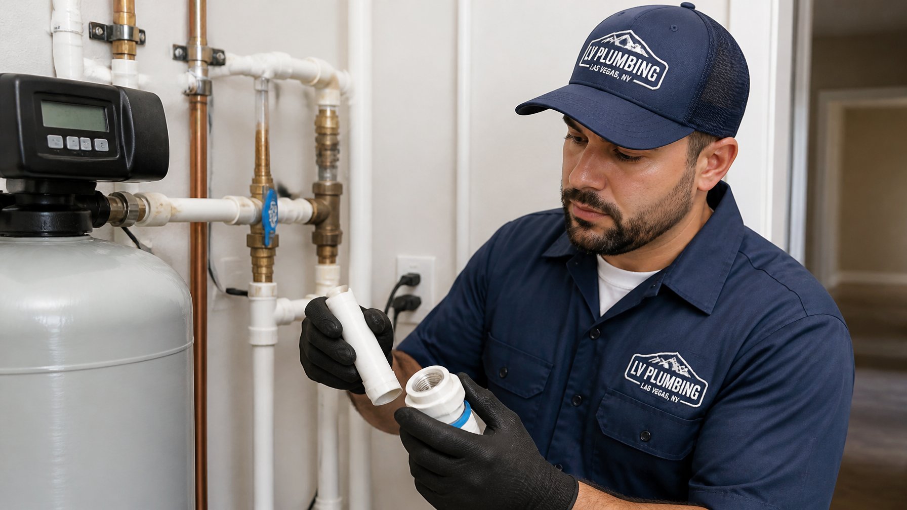 A plumber inspecting plumbing pipes and connection points near a water softener system inside a home.