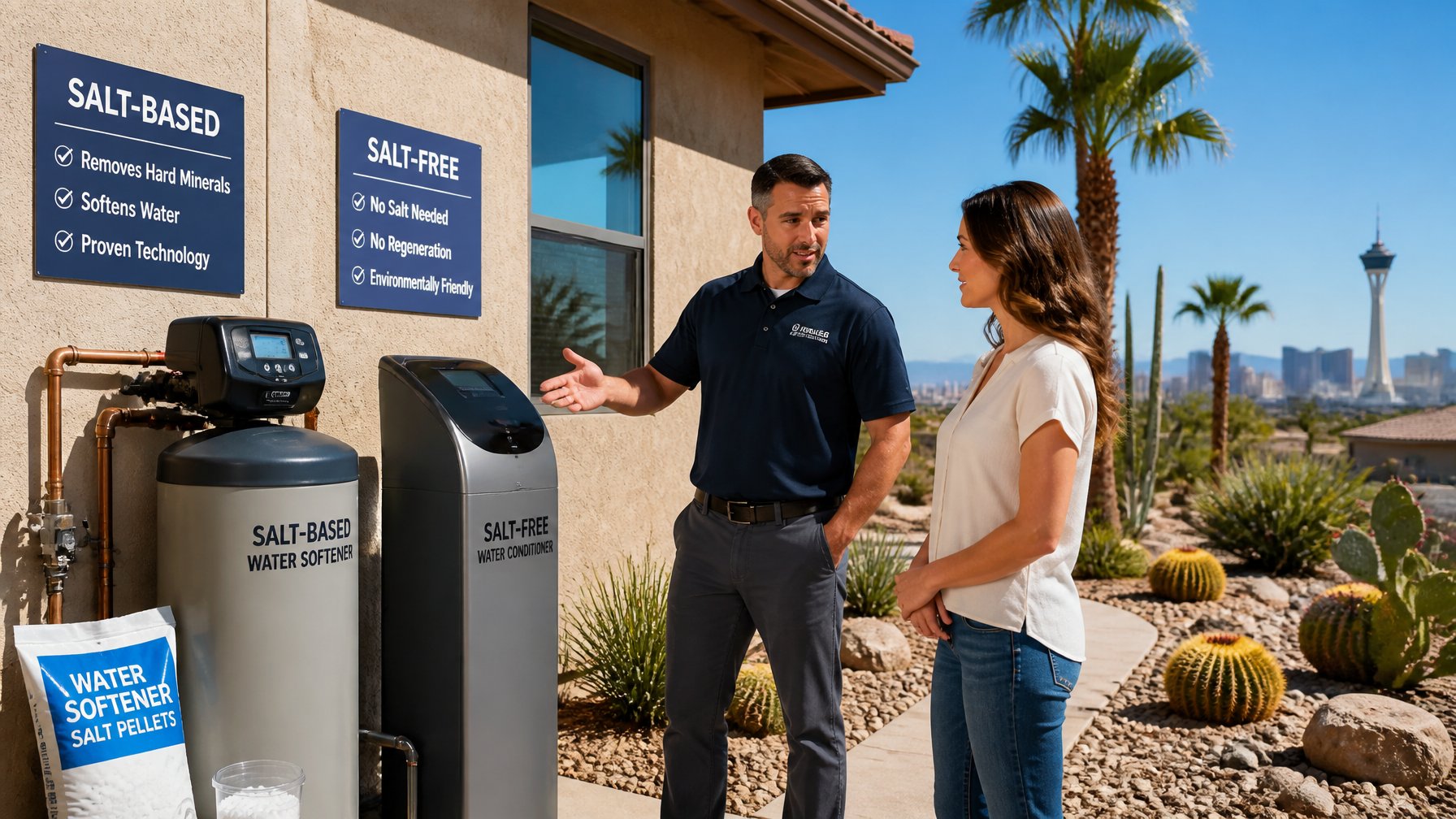 A homeowner and a specialist discussing water softener systems outside a Las Vegas home with desert landscaping.