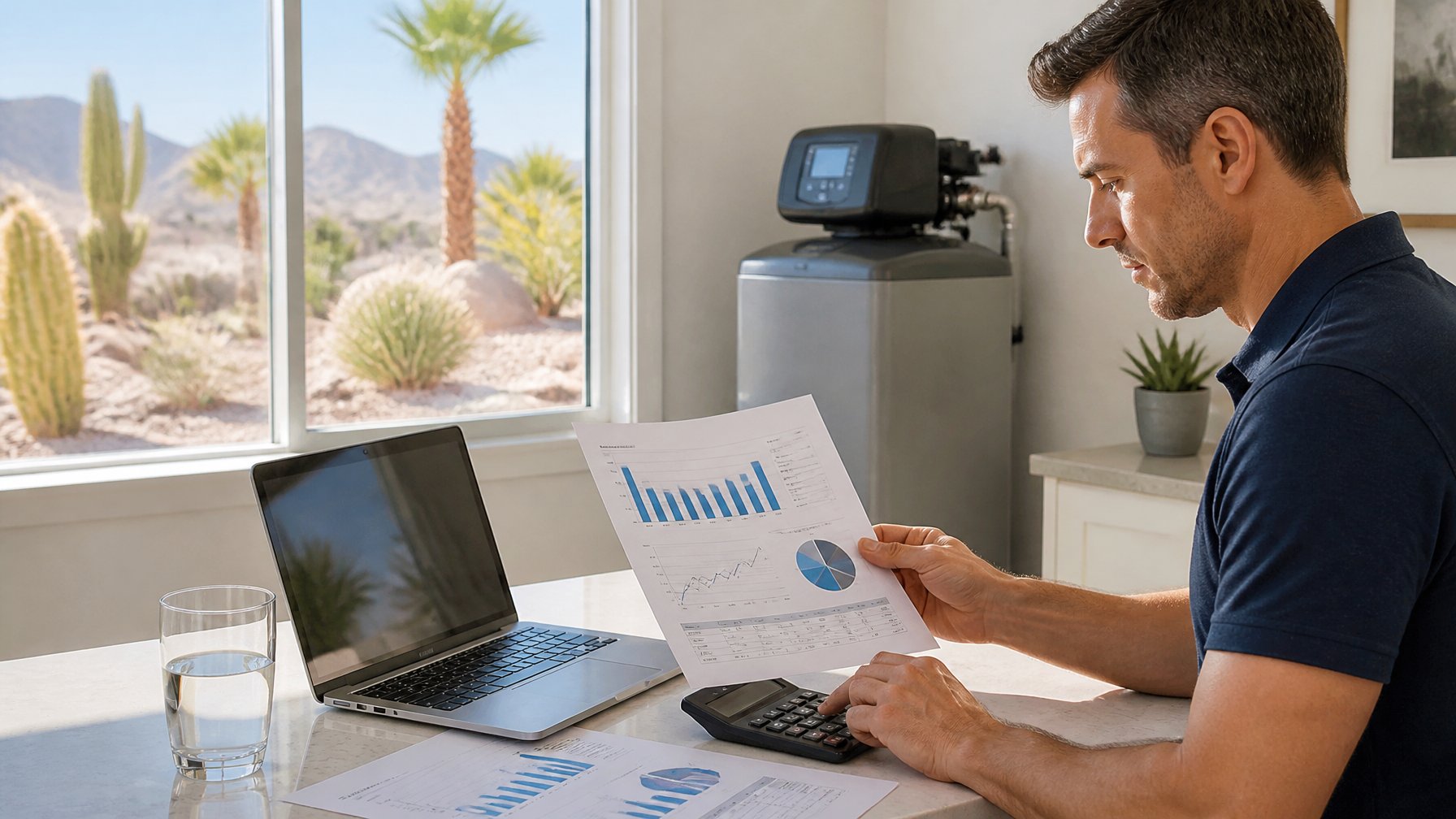 Person at a desk reviewing water bills and salt cost charts next to a water softener unit in a bright room with desert plants visible outside.