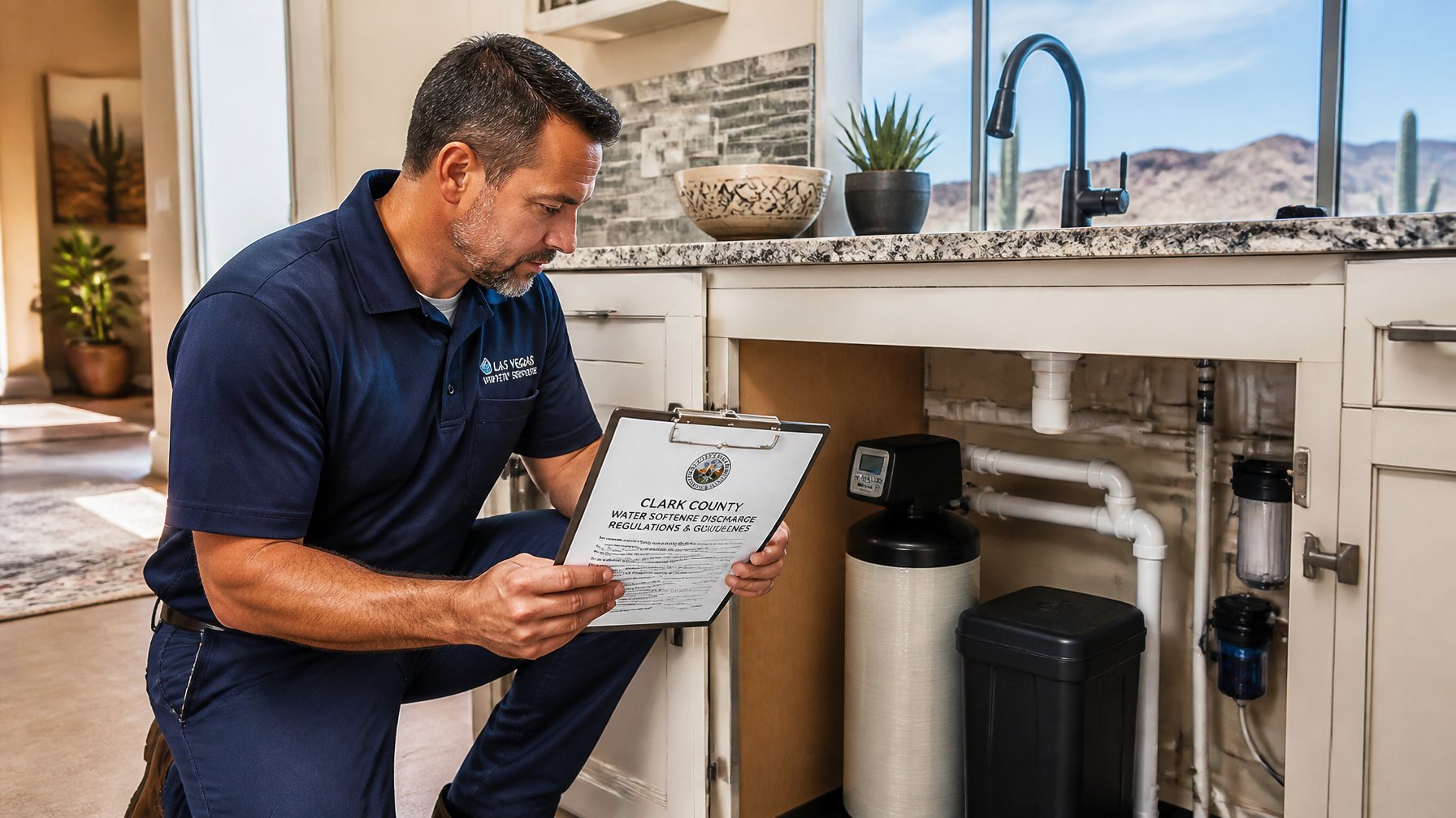 Technician inspecting water softener equipment under a kitchen sink in a modern home.