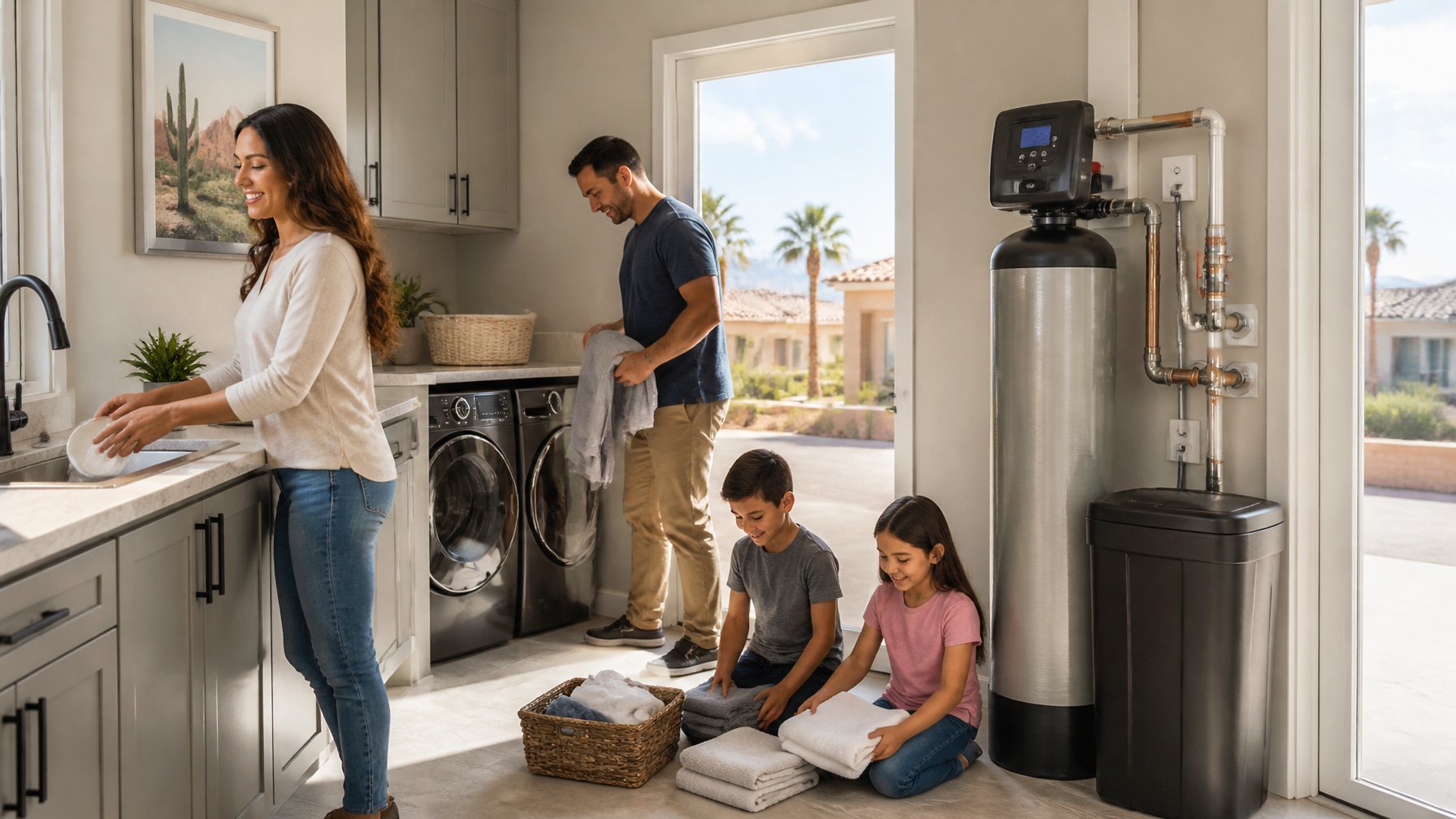 A family of four in a bright kitchen or laundry room with a modern water softener system installed, showing a clean and organized home environment.