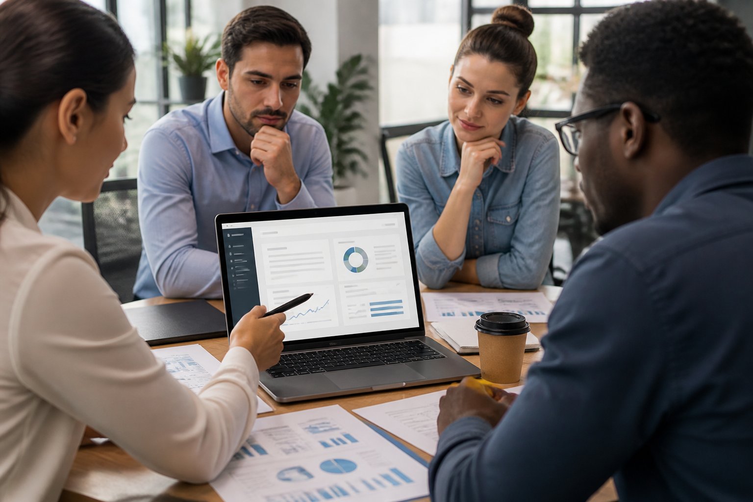 A group of business professionals reviewing a privacy policy dashboard on a laptop in a modern office setting.