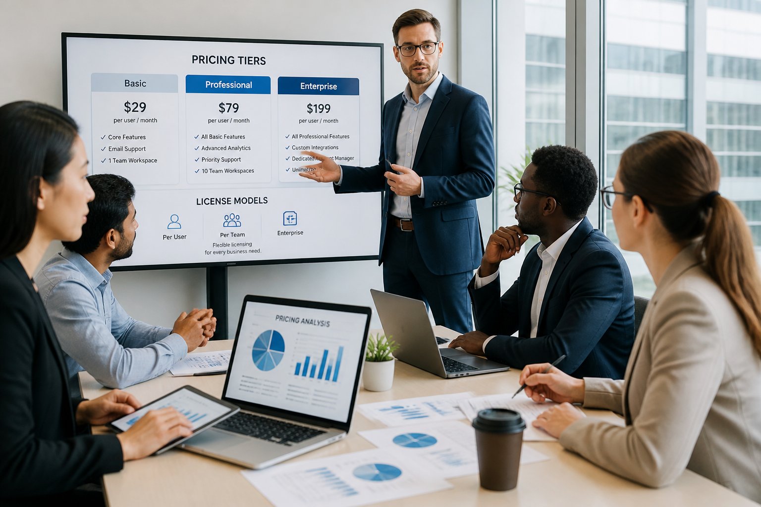 A group of professionals having a meeting around a conference table with laptops and charts related to business planning.