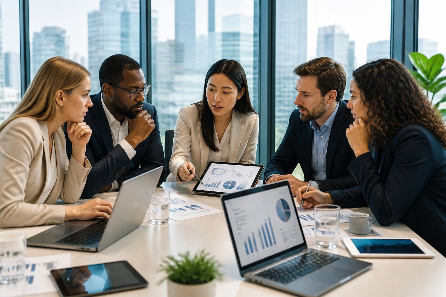 A group of professionals collaborating around a conference table with laptops and documents in a bright office with city views.