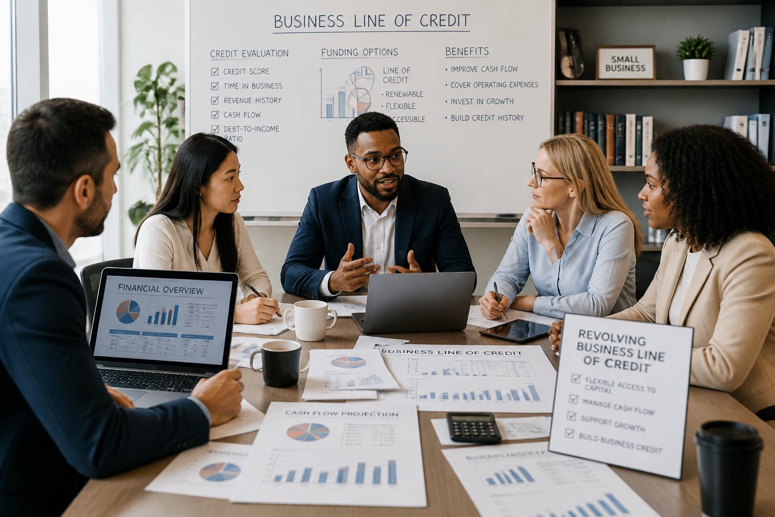 A group of business professionals discussing financial documents around a conference table in a modern office.