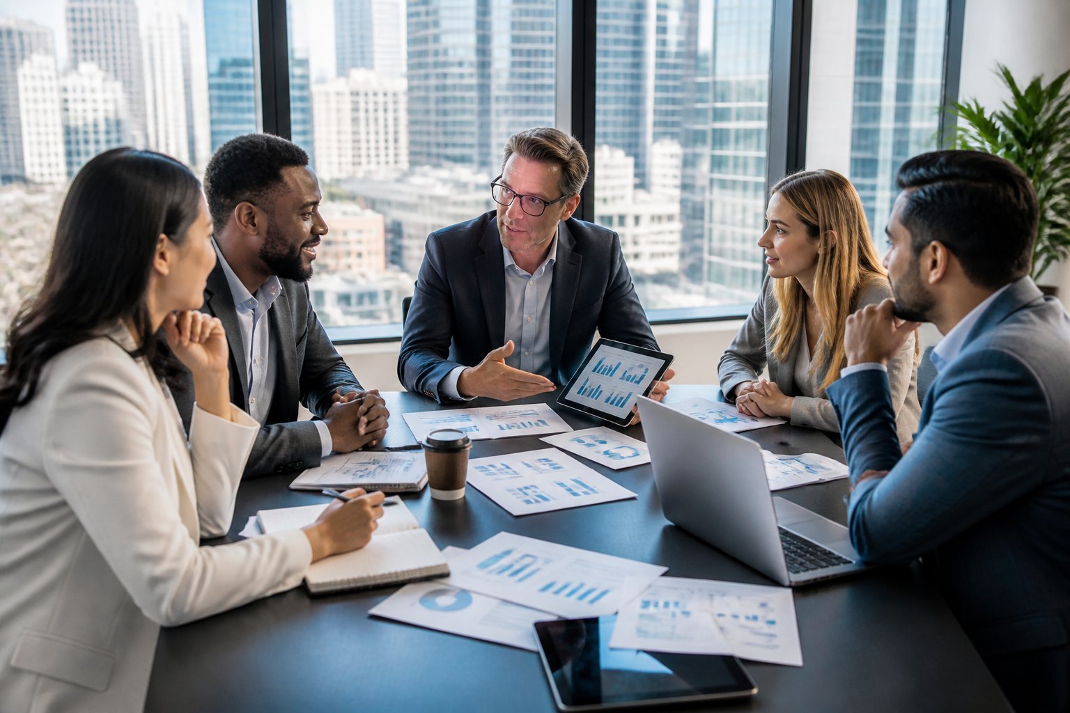A diverse group of business professionals having a meeting around a conference table, reviewing financial documents and digital devices in a modern office.