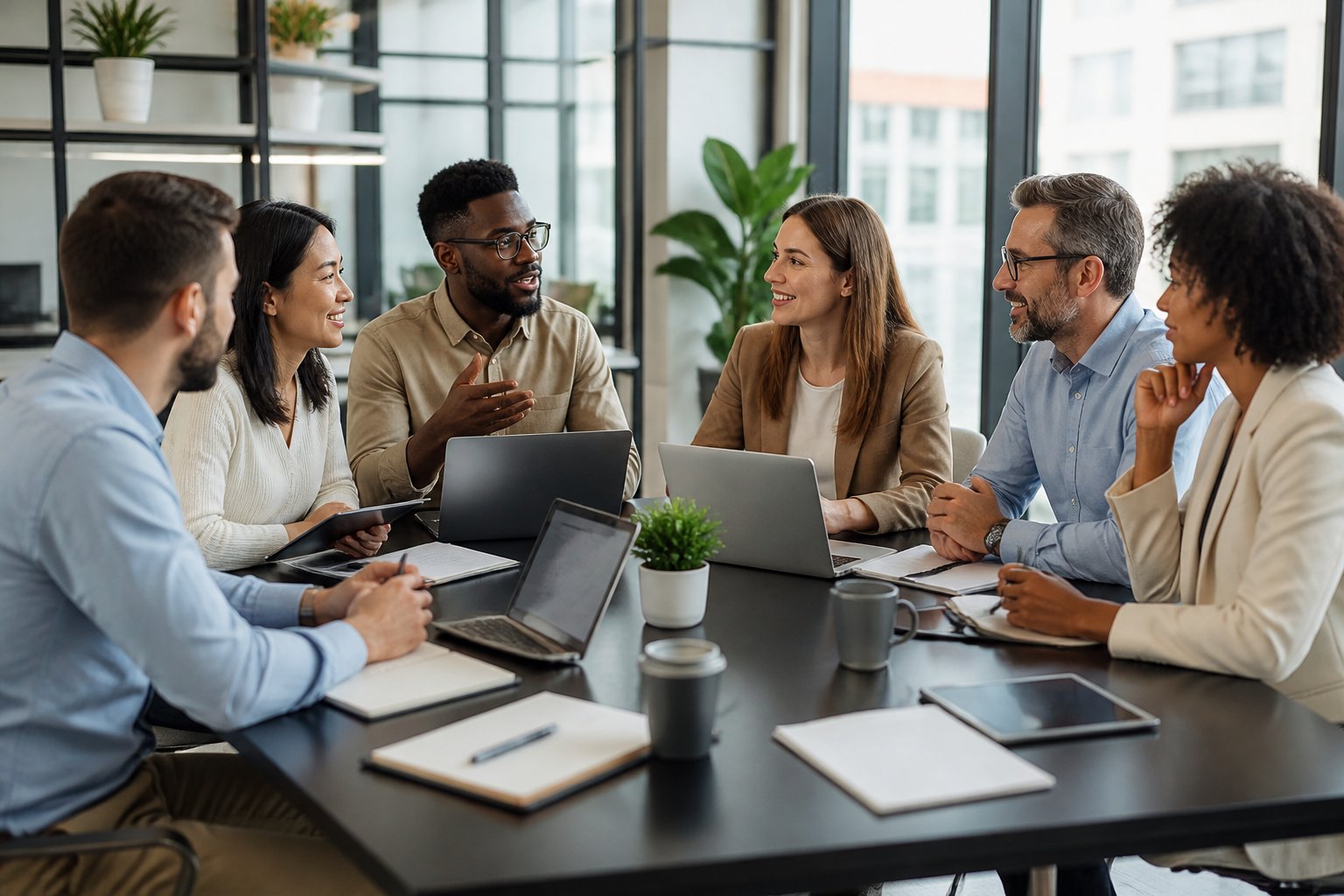 A group of business professionals collaborating around a conference table in a modern office.
