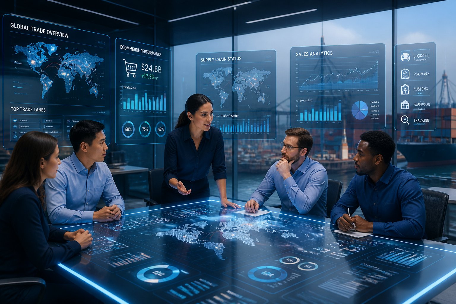 A group of business professionals collaborating around a digital touchscreen table with floating data screens showing charts and global trade icons.
