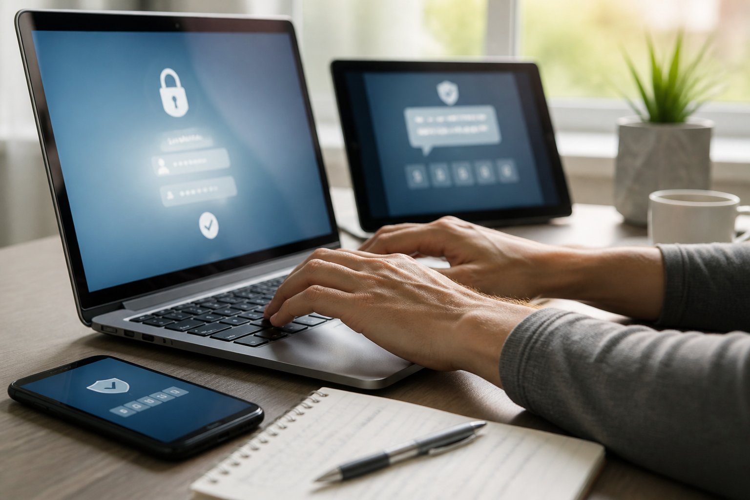Person typing on a laptop with a smartphone nearby, showing a digital account verification process in a clean workspace.