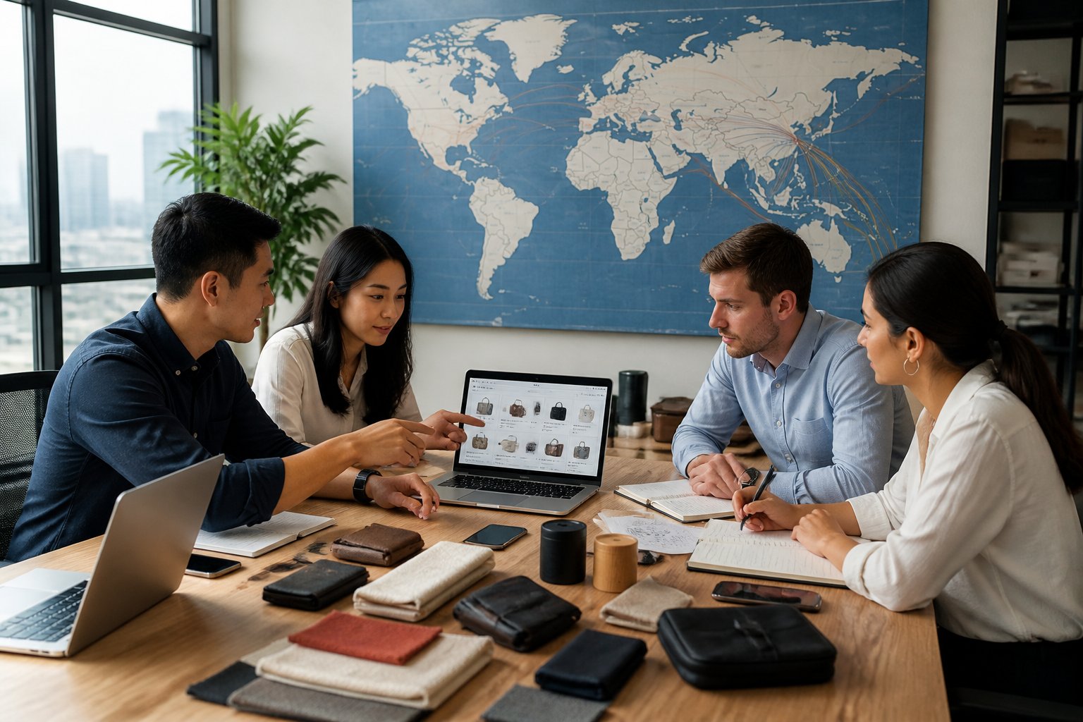 Business professionals collaborating around a table with laptops and product samples in an office with a world map on the wall.