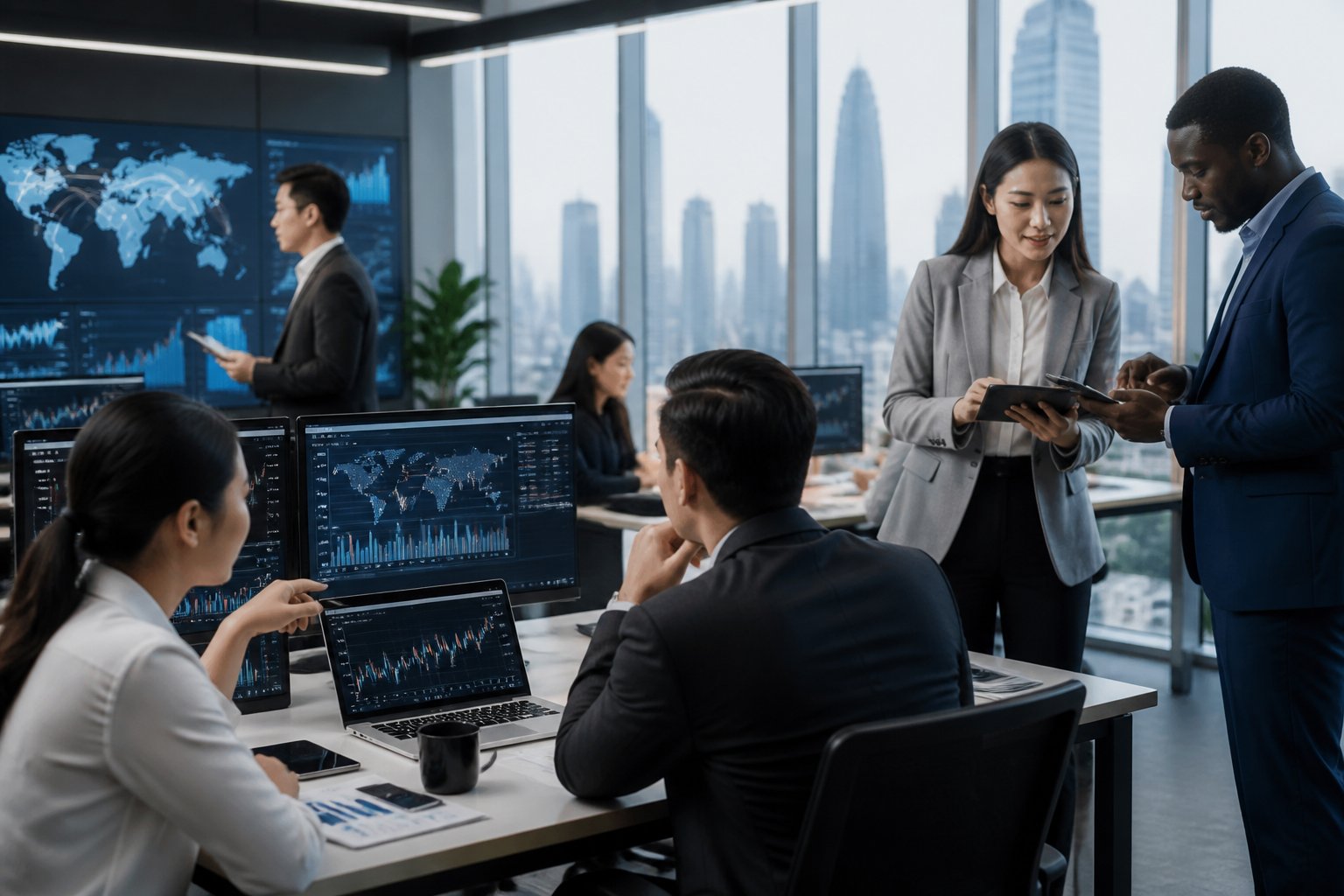 Business professionals working together in a modern office with computers and digital devices displaying financial data.