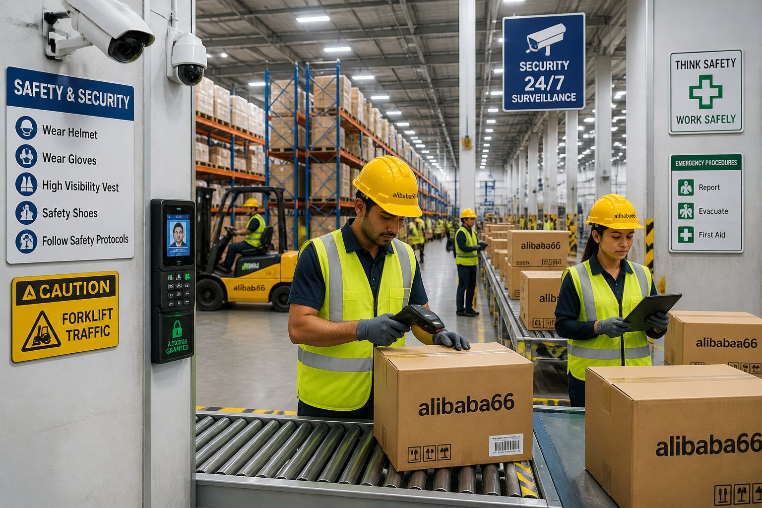 Workers in safety gear inspecting packages and security equipment in a well-organized warehouse.