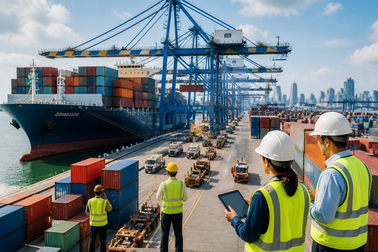 A busy shipping port with cargo ships, cranes unloading colorful containers, and workers coordinating logistics operations.