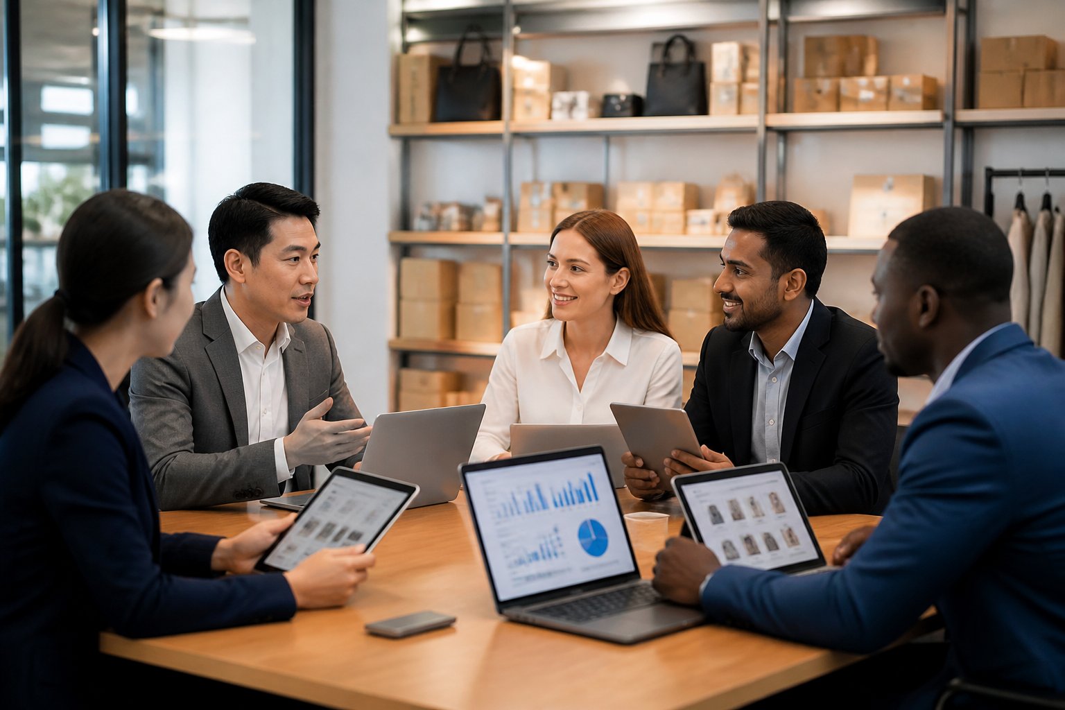 Business professionals collaborating around a conference table with laptops and packages in a modern office.