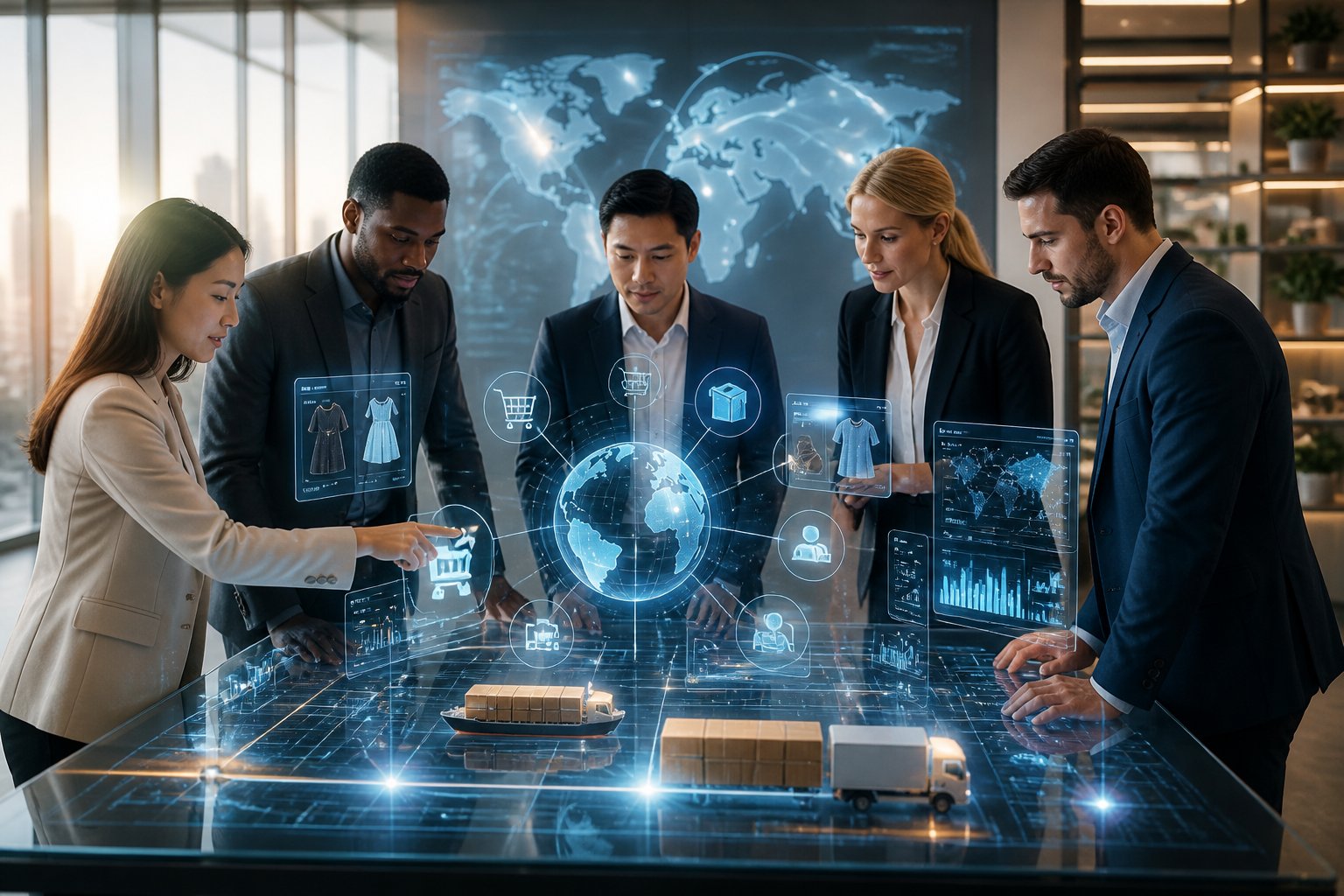 Business professionals collaborating around a digital touchscreen table displaying interconnected e-commerce icons and data visualizations in a modern office.