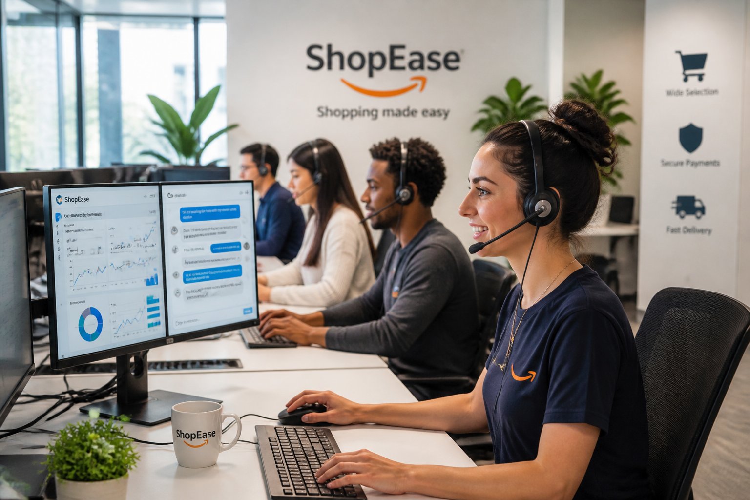 A group of customer service representatives wearing headsets working at computers in a bright office.