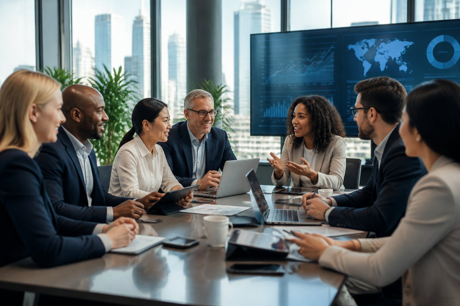 A diverse group of business professionals collaborating around a conference table in a modern office.