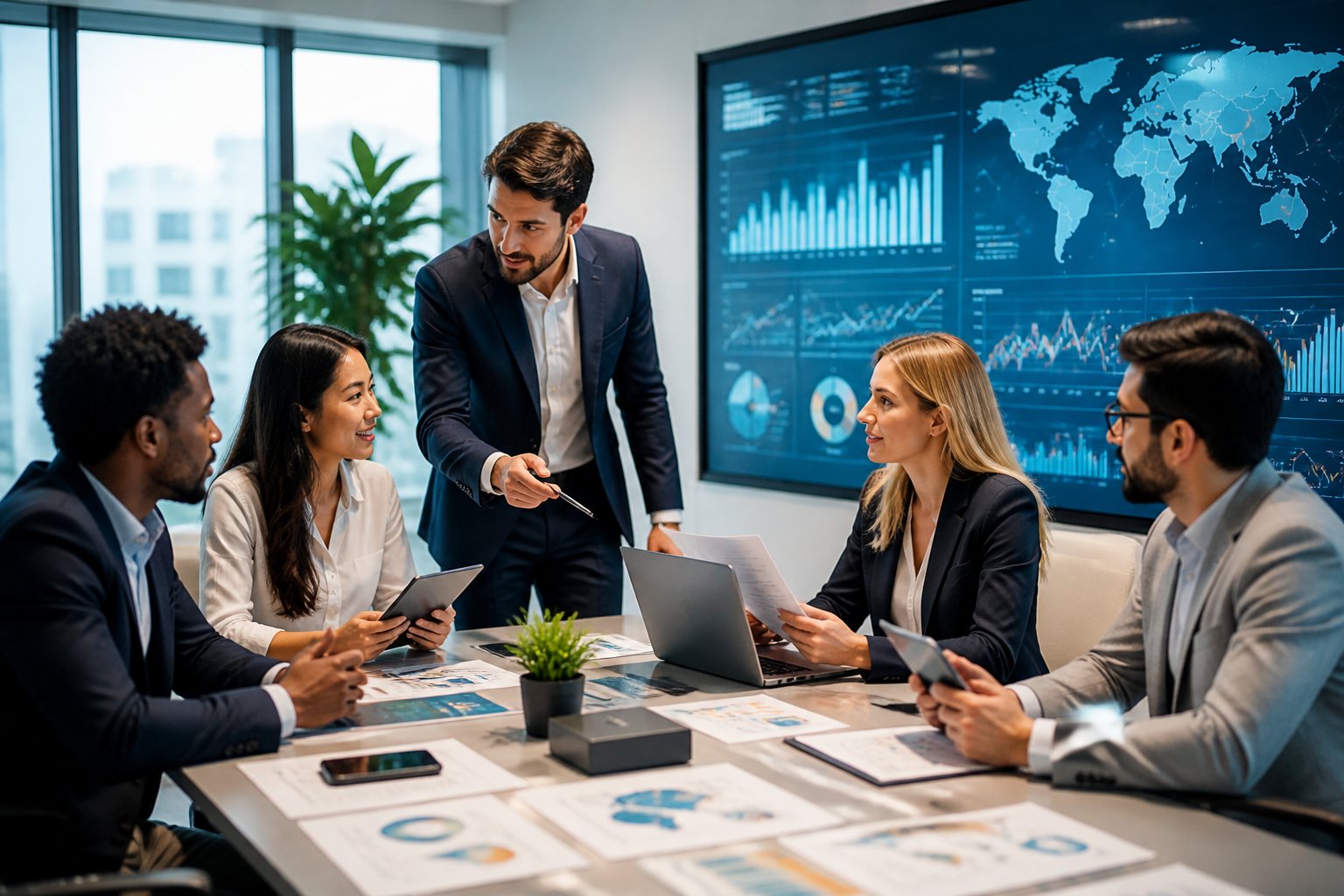 A group of professionals collaborating around a conference table with laptops and digital screens showing global business data.