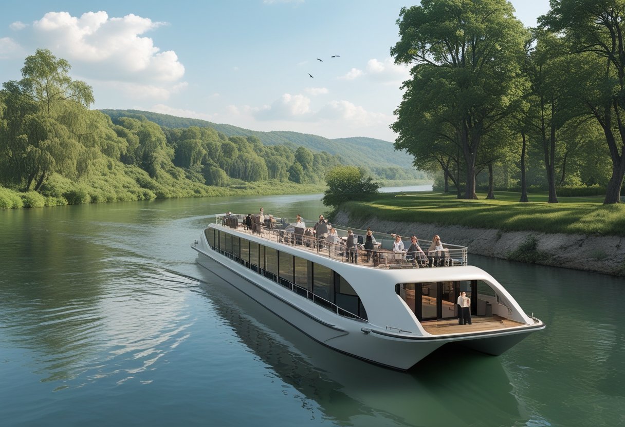 A river cruise boat sailing on a calm river surrounded by green trees and hills with passengers enjoying the view on deck.
