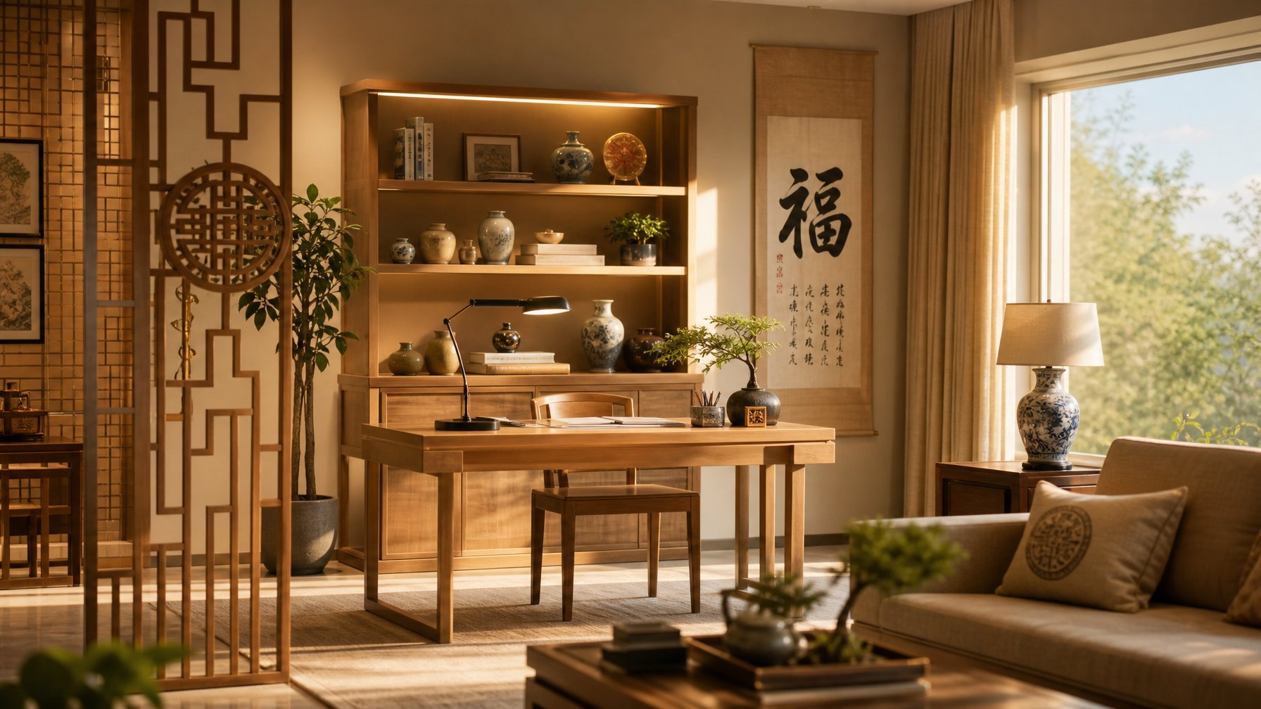 An immaculately ordered feng shui interior for the Earth Rooster — clean lines, warm earth tones, and an activated West sector with metal accents