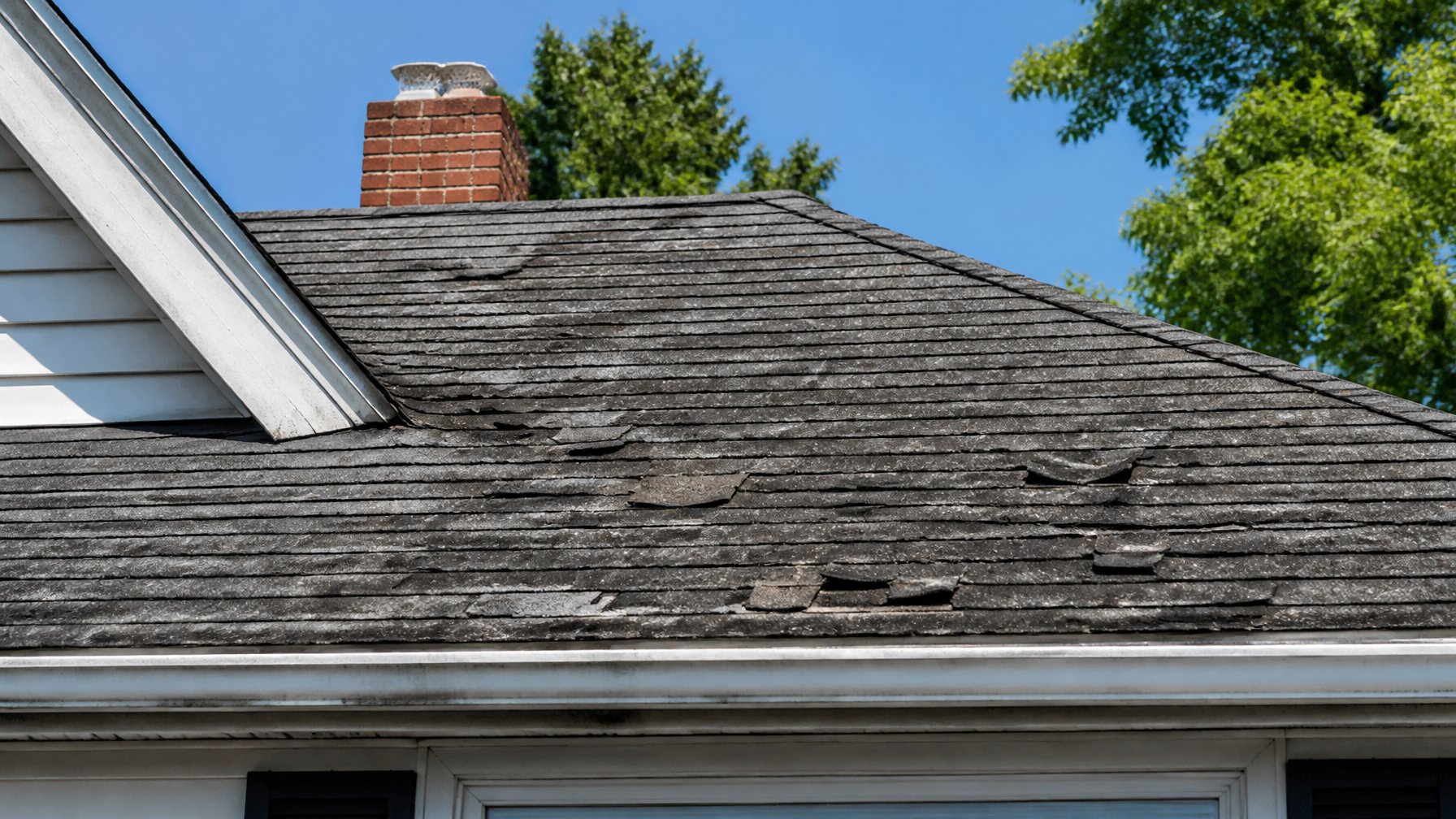 View of a residential house roof from the ground showing worn and damaged shingles under a clear blue sky.