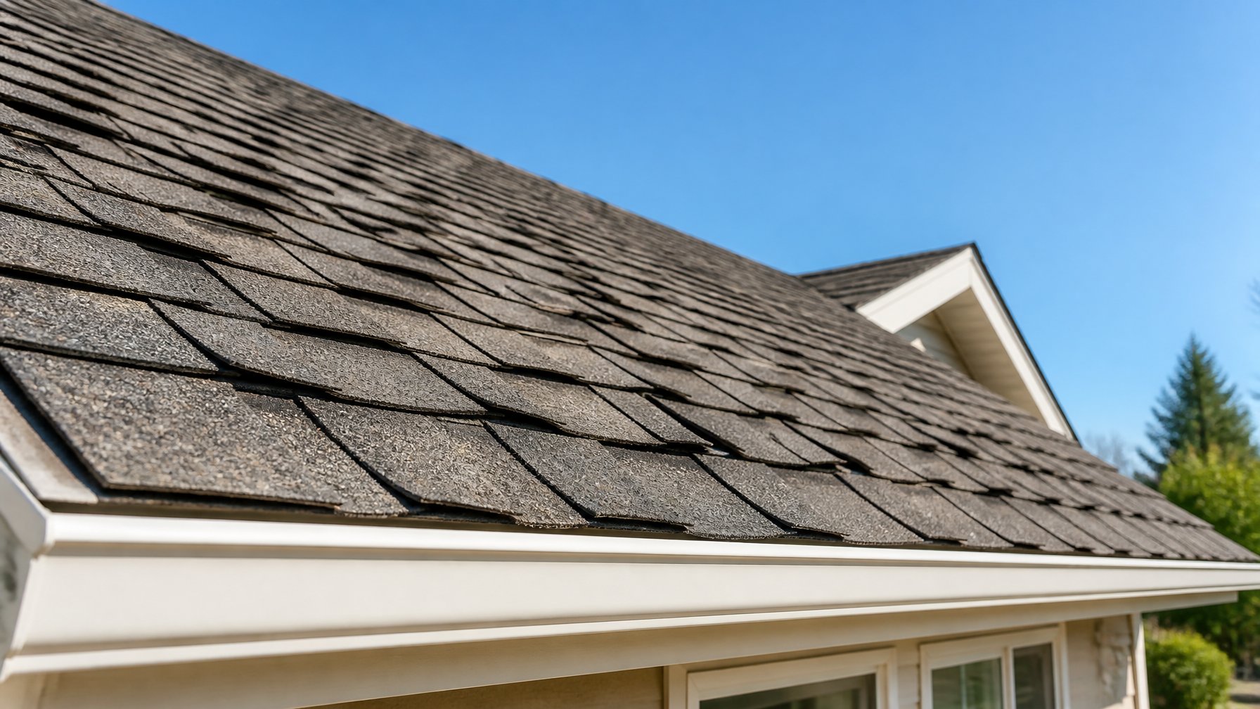 Close-up of curling and cupping shingles near gutters on a residential roof.