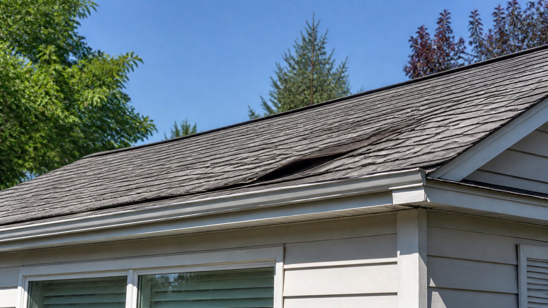 A house roof with sagging and uneven sections visible from the ground, surrounded by trees and clear sky.