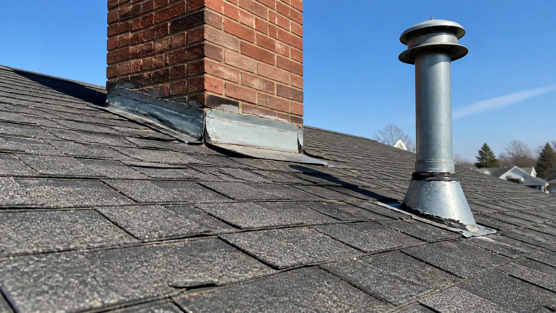 Close-up of a residential roof showing flashing around chimney and vent pipes with visible gaps and worn shingles.