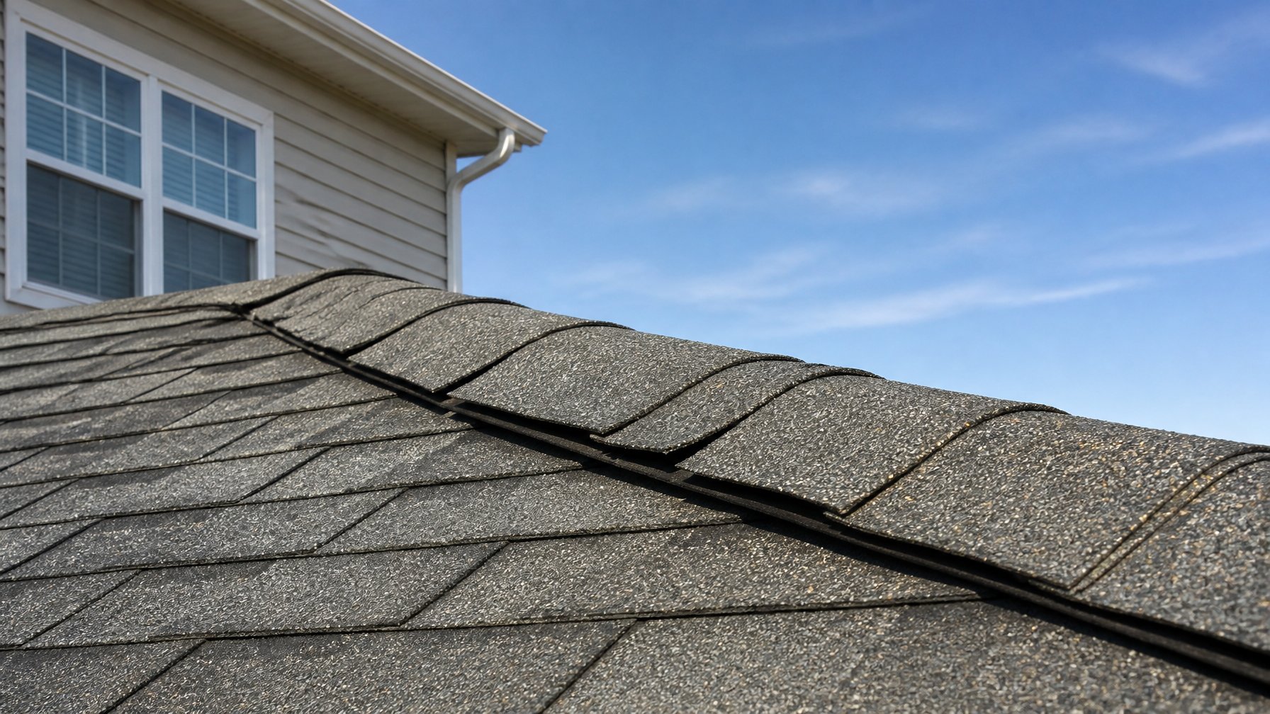 Close-up of a residential roof ridge showing cracked and loose shingles with a clear sky in the background.