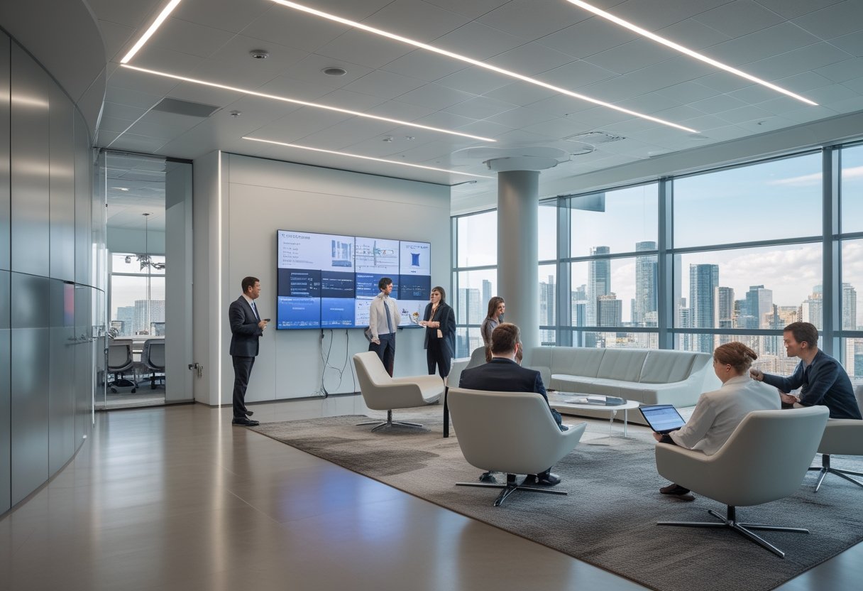 A modern corporate office with professionals collaborating using digital devices and integrated audiovisual technology in a bright, open workspace.