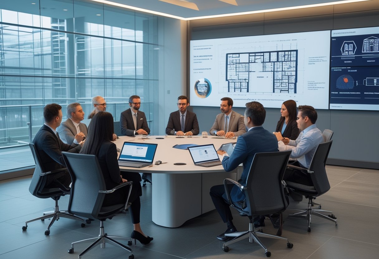 A group of business professionals collaborating in a modern office meeting room with advanced audiovisual equipment and digital displays.