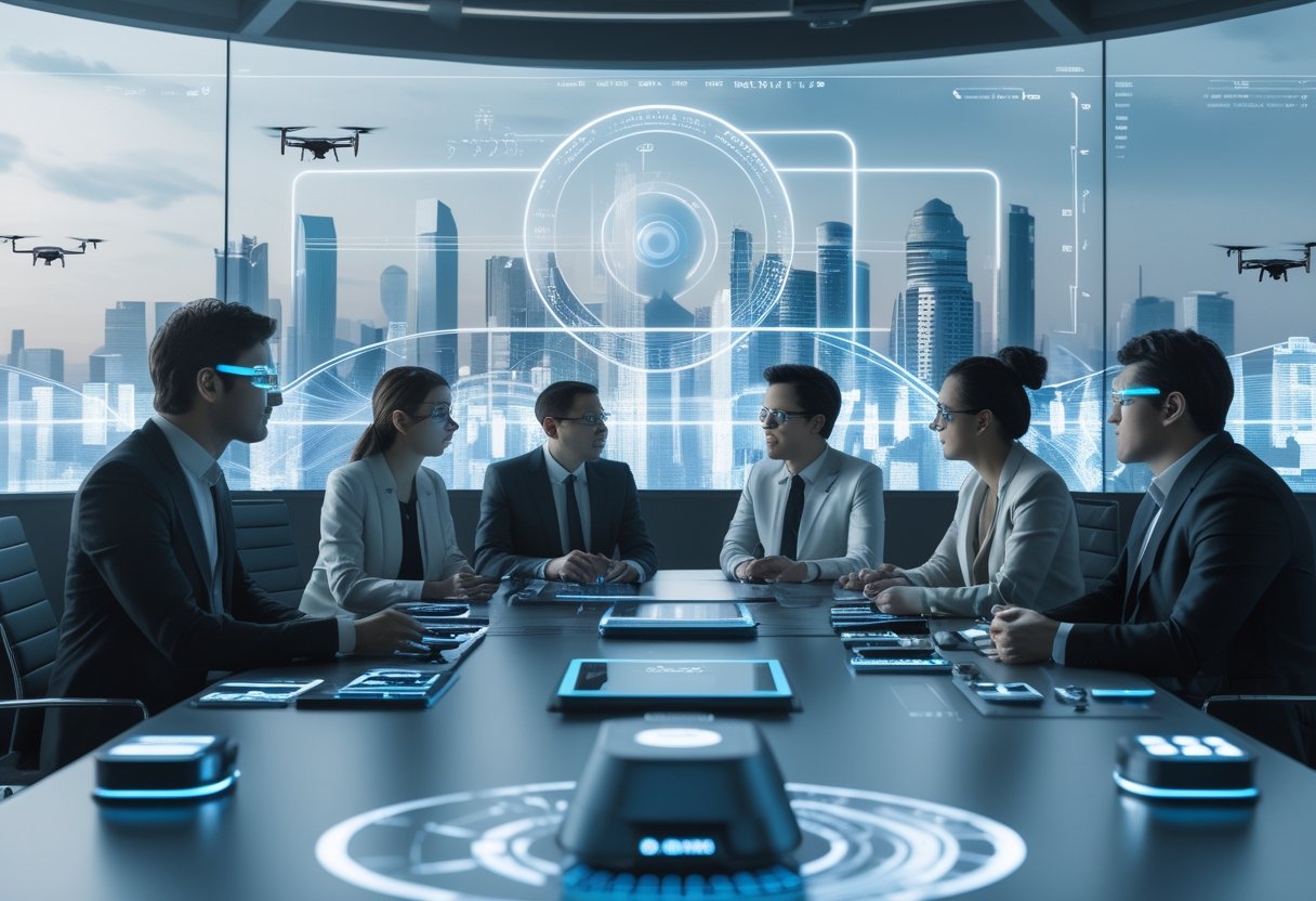 A group of professionals in a modern conference room discussing advanced audiovisual technology with holographic screens and futuristic devices.